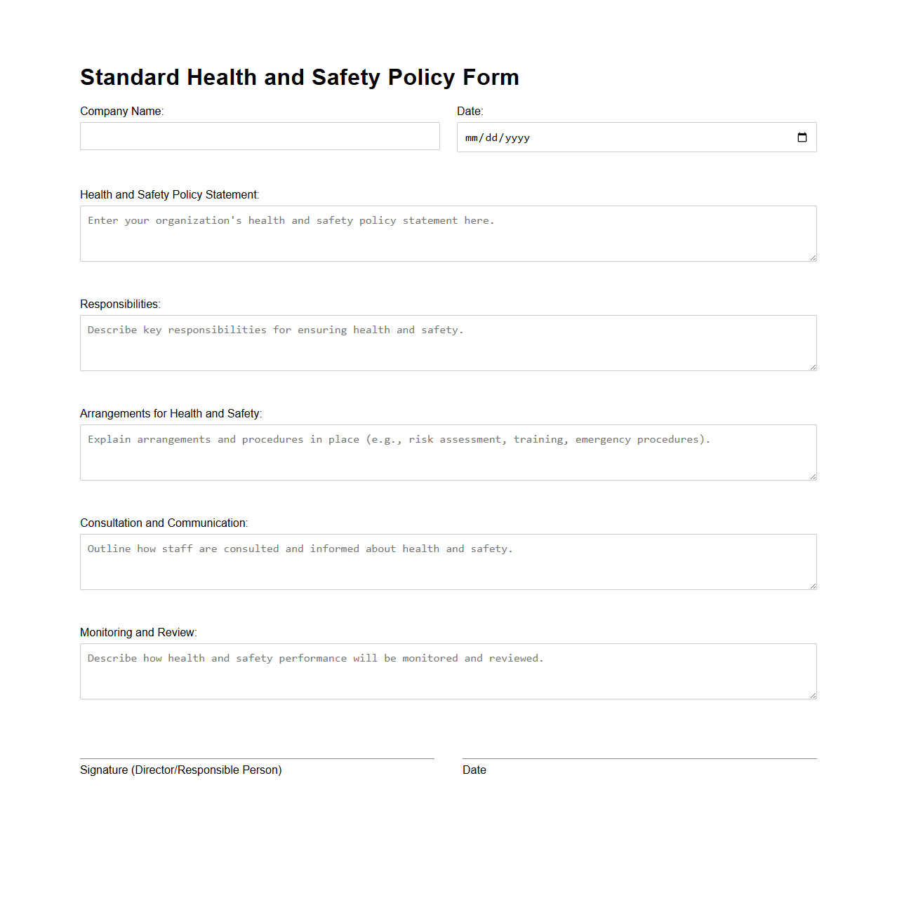 Standard Health and Safety Policy Form