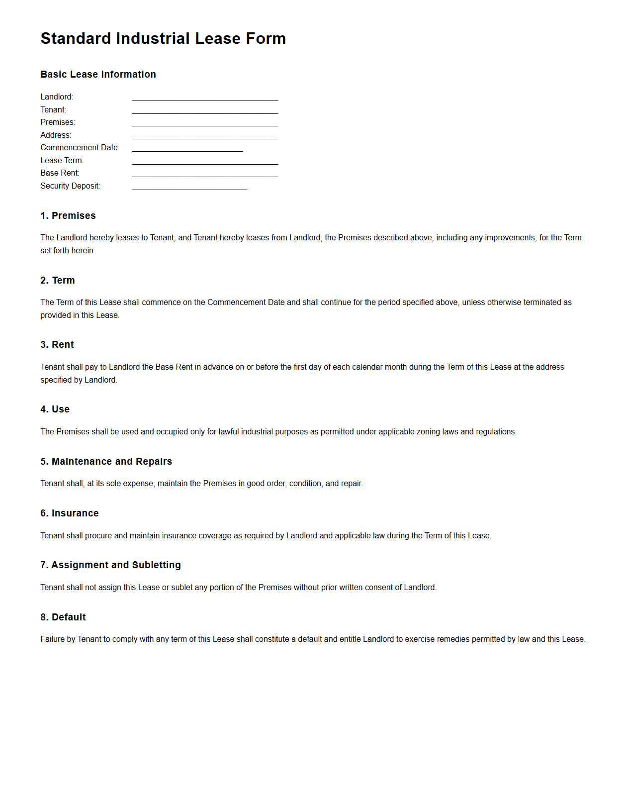 Standard Industrial Lease Form
