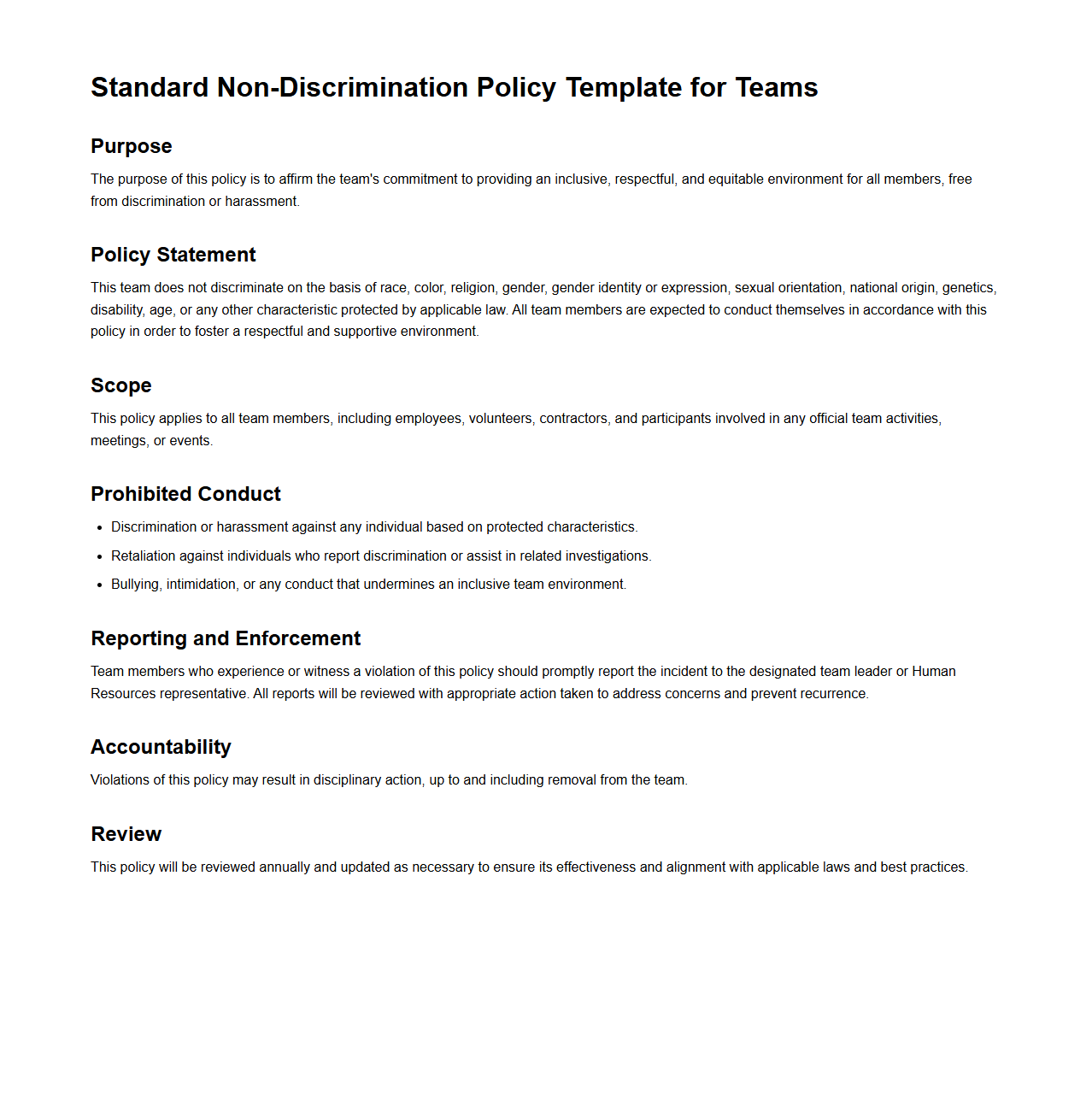 Standard Non-Discrimination Policy Template for Teams