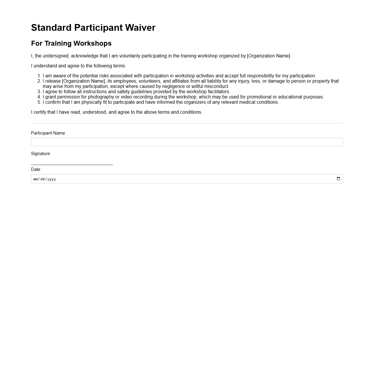 Standard Participant Waiver for Training Workshops