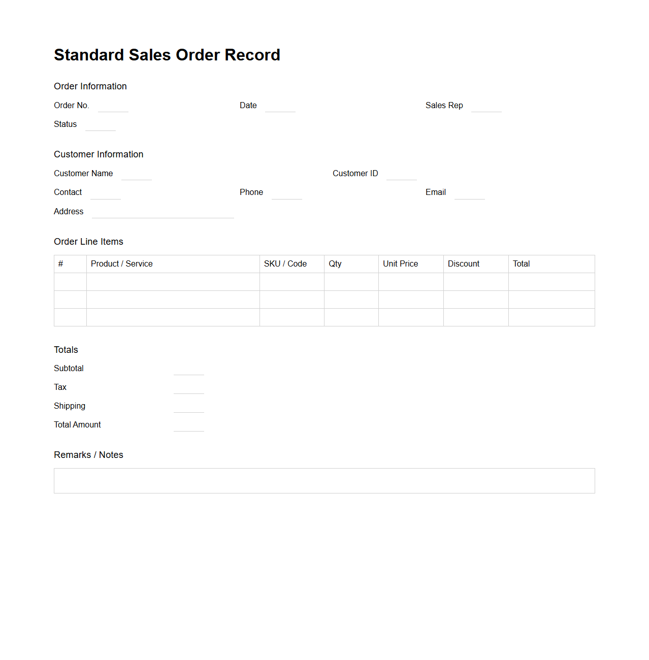 Standard Sales Order Record Template