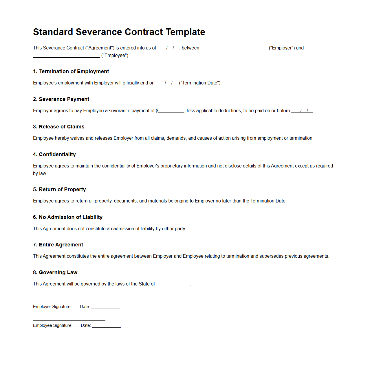 Standard Severance Contract Template for Terminated Employees
