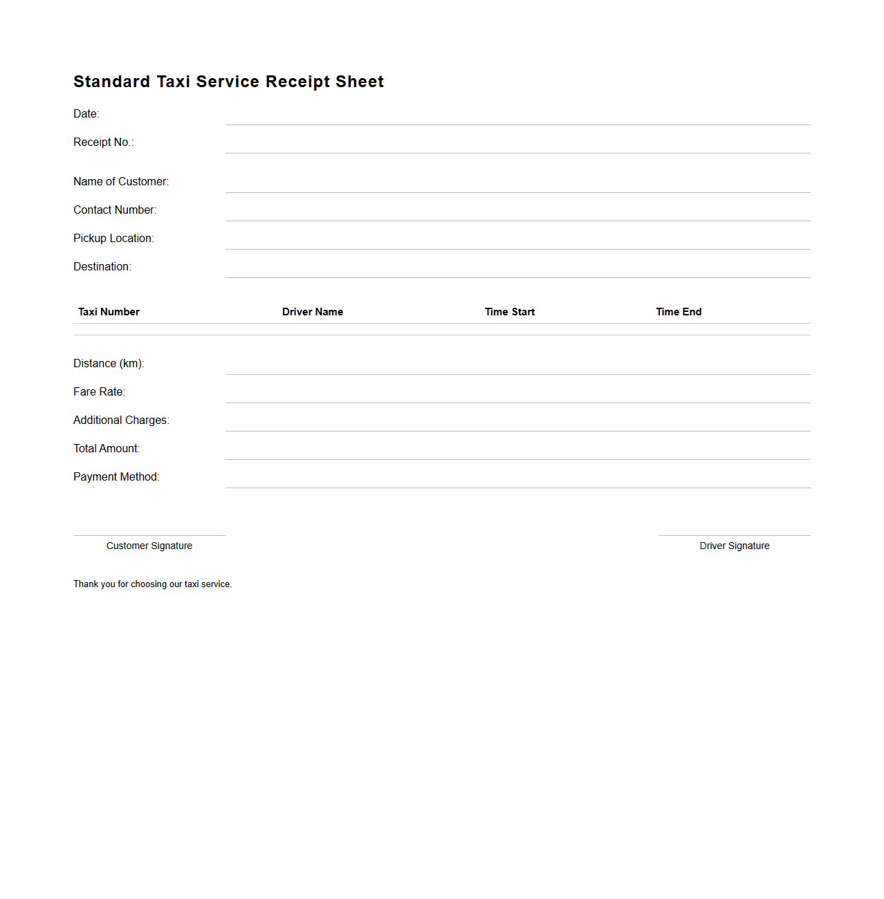 Standard Taxi Service Receipt Sheet