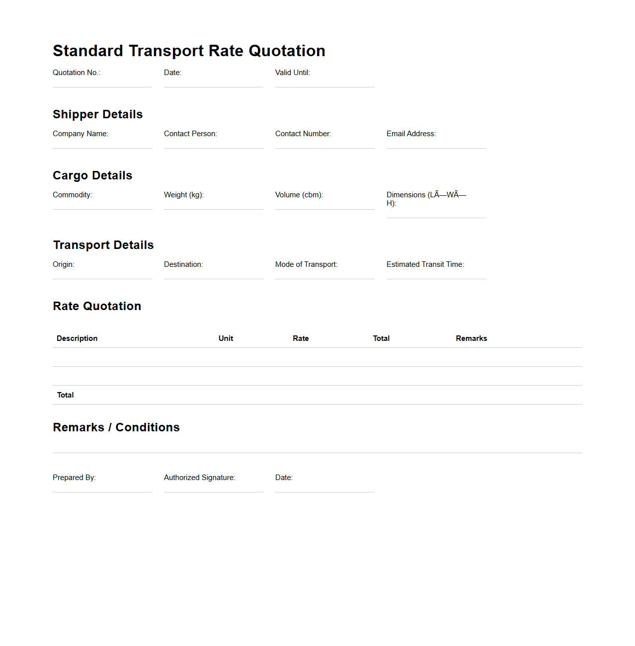 Standard Transport Rate Quotation File for Cargo