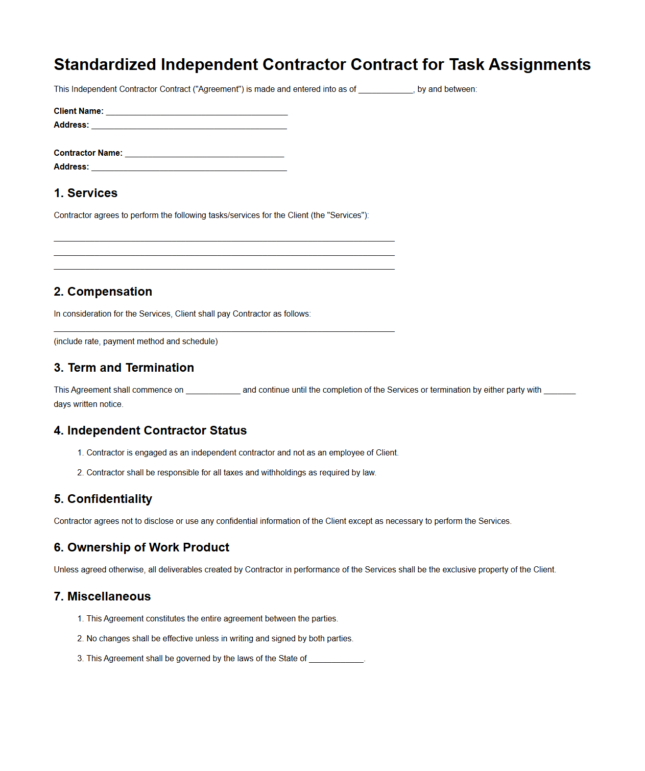 Standardized Independent Contractor Contract for Task Assignments