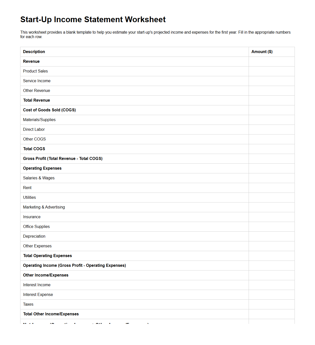 Start-Up Income Statement Worksheet