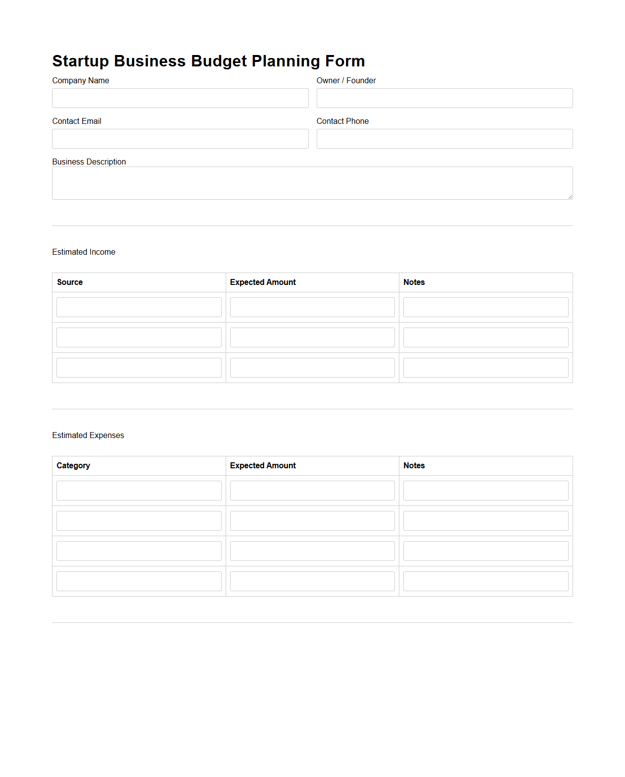 Startup Business Budget Planning Form
