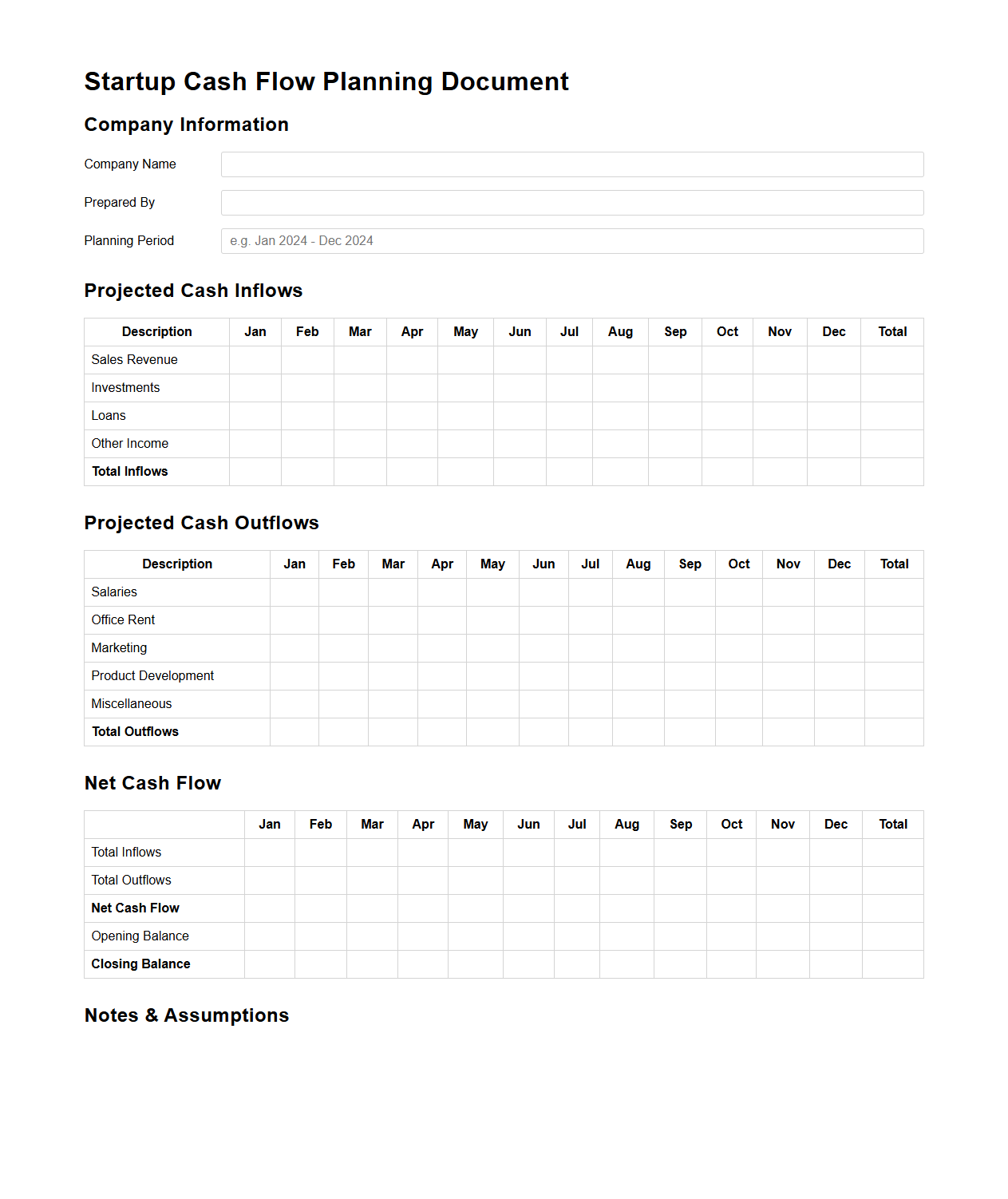 Startup Cash Flow Planning Document for Entrepreneurs