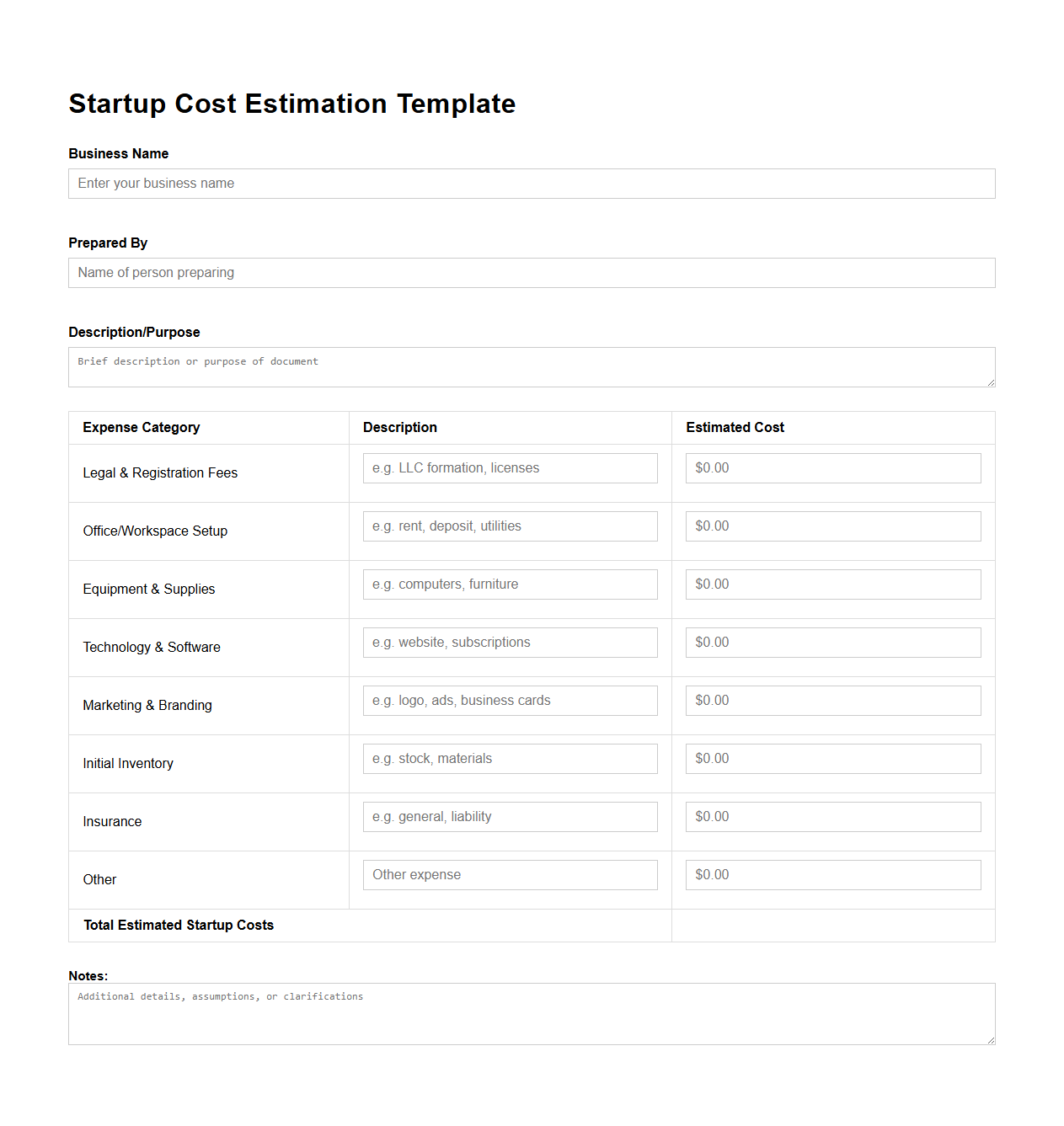 Startup Cost Estimation Template