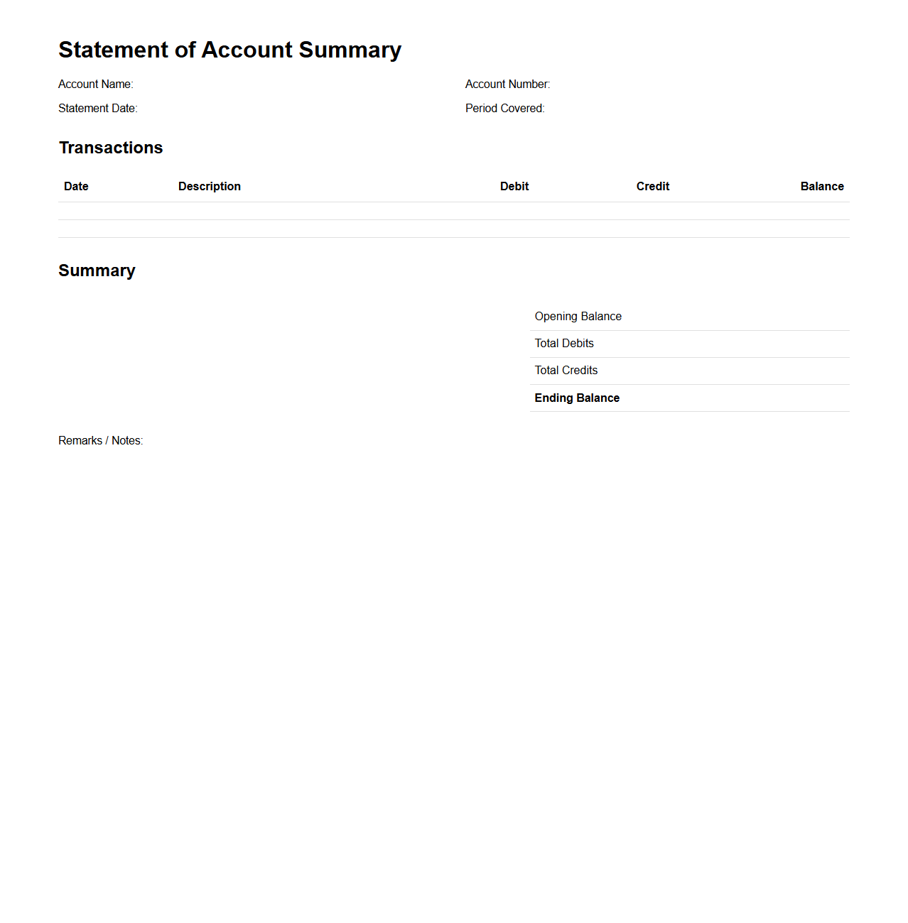 Statement of Account Summary Template