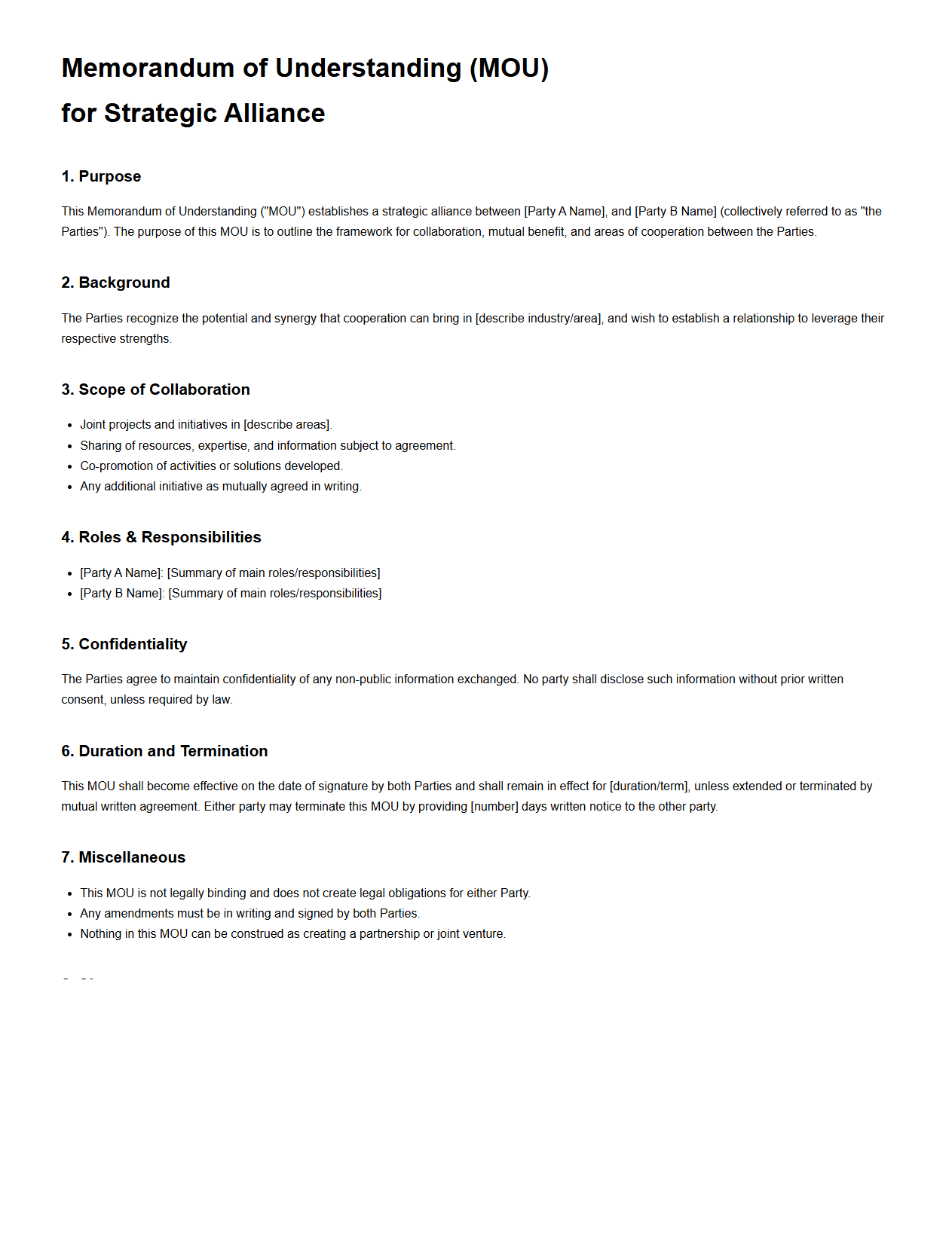 Strategic Alliance MOU Document Structure