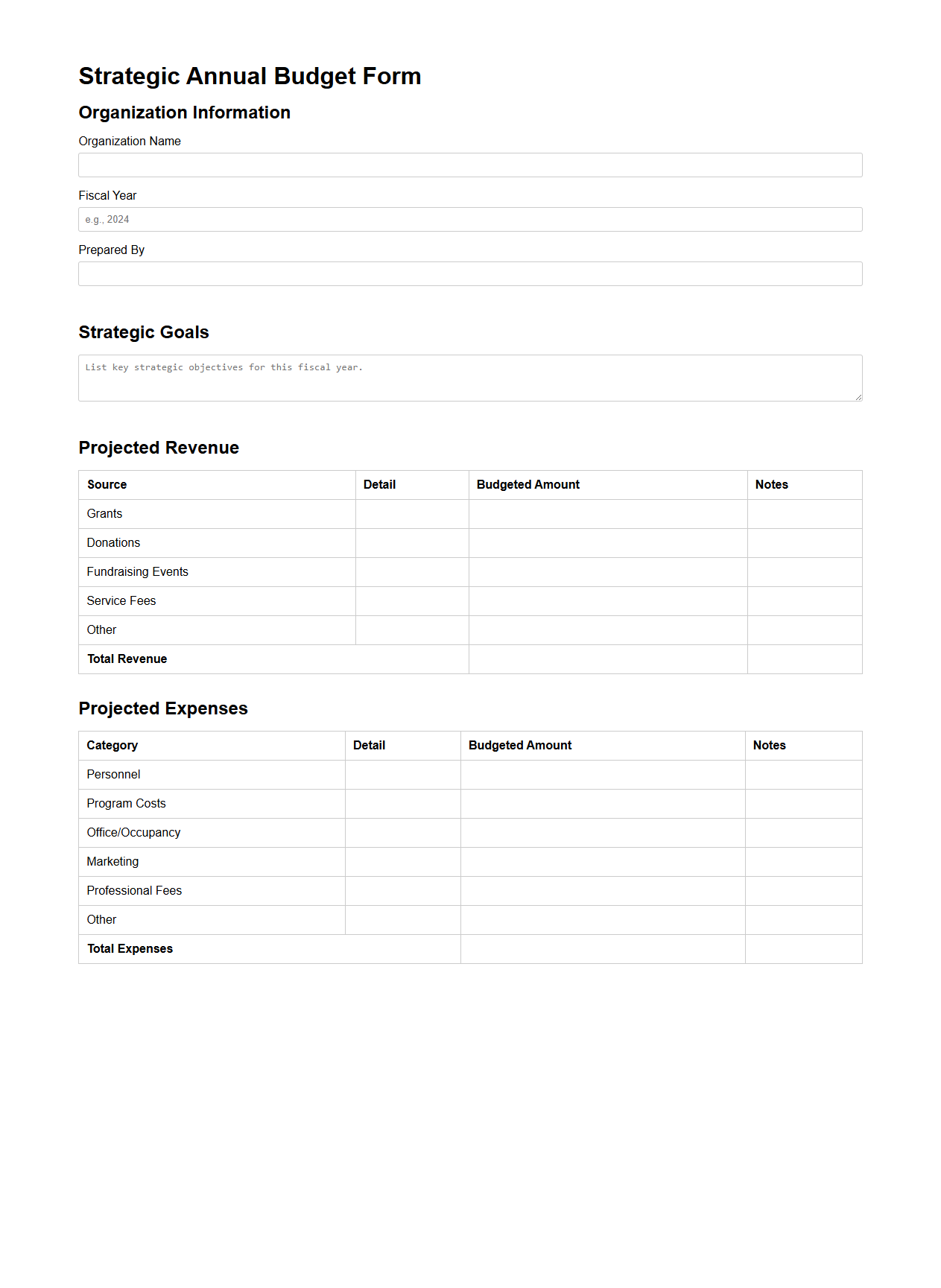 Strategic Annual Budget Form for Nonprofits
