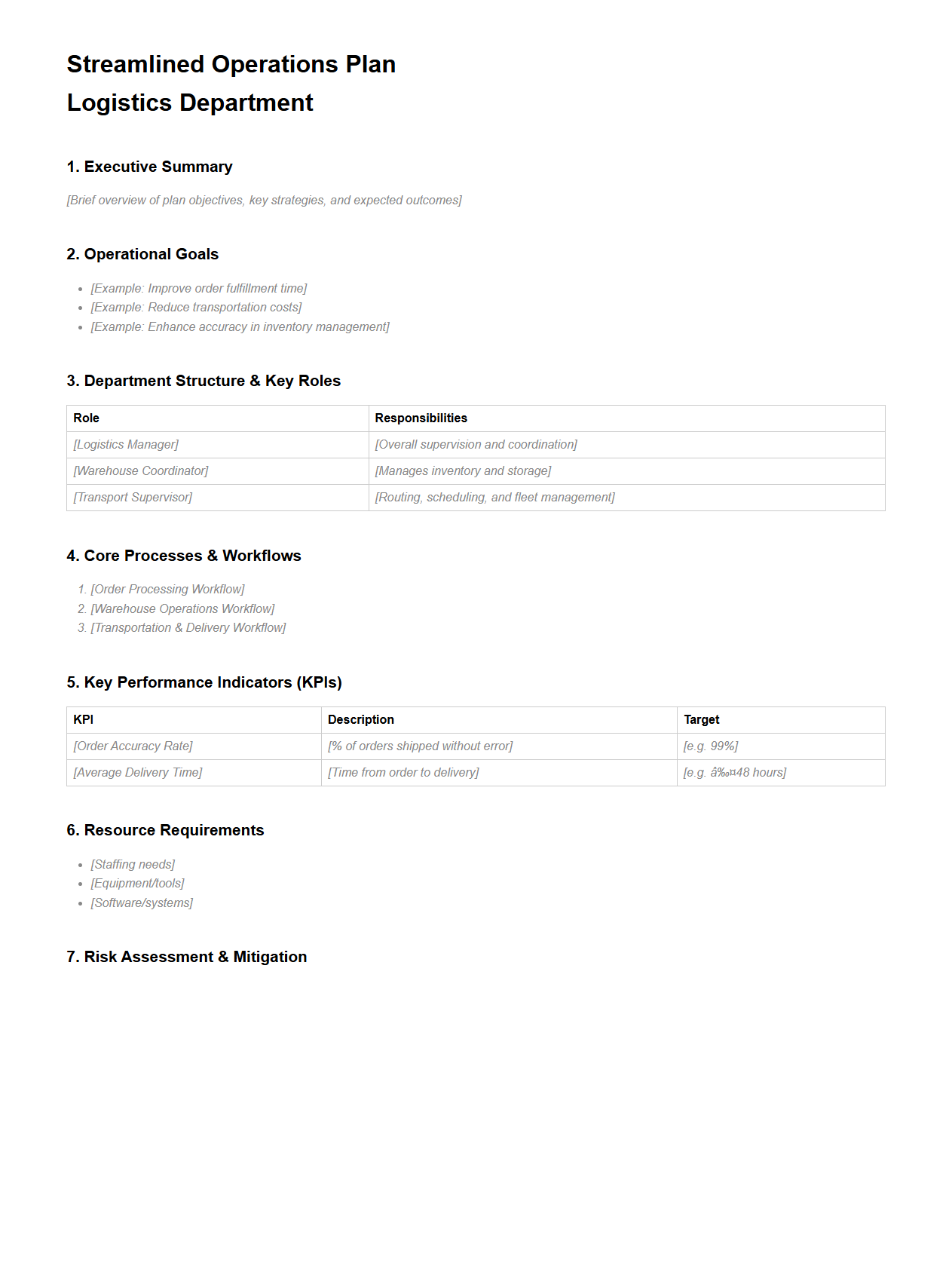 Streamlined Operations Plan Template for Logistics Department