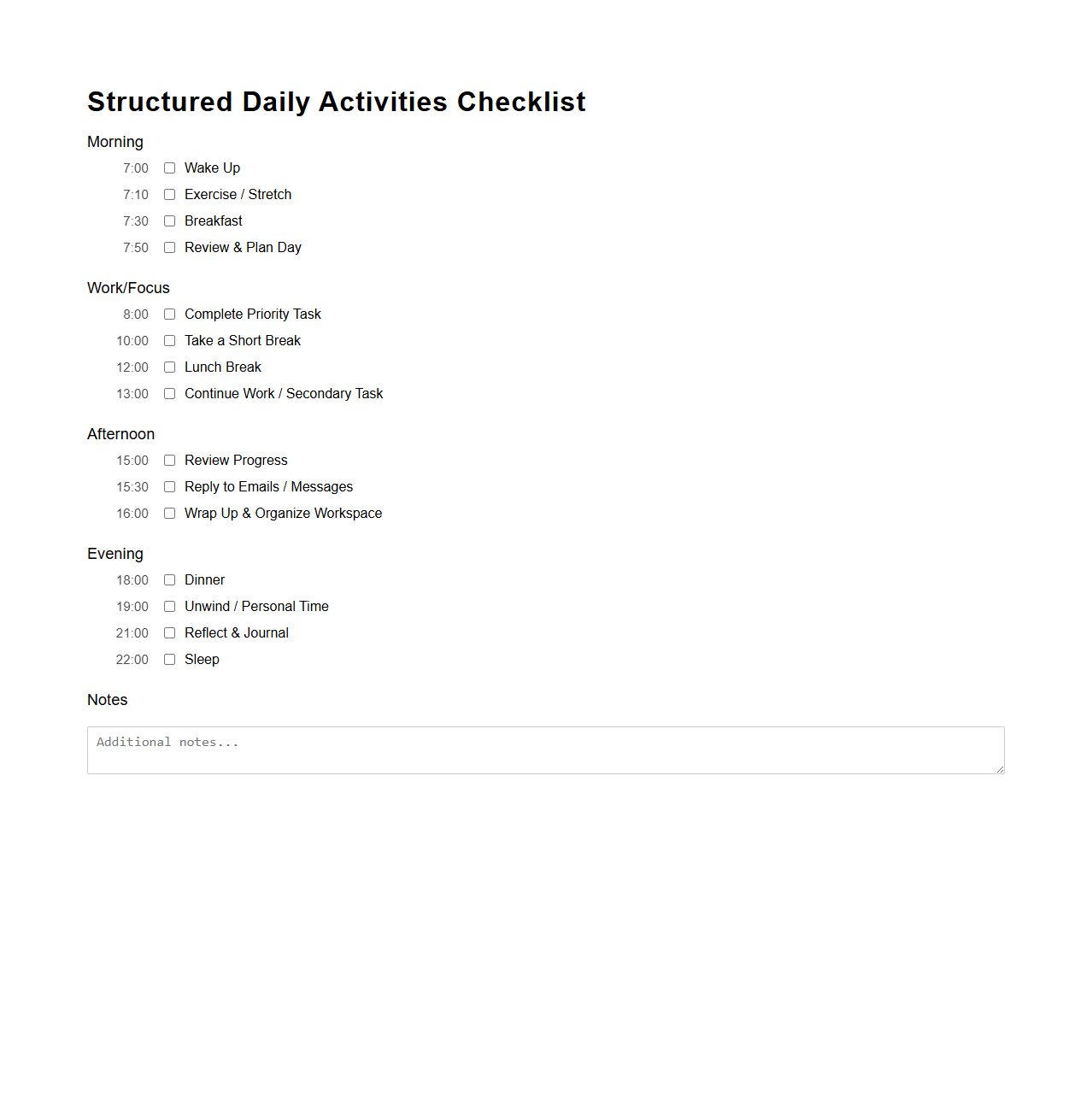 Structured Daily Activities Checklist for Efficiency