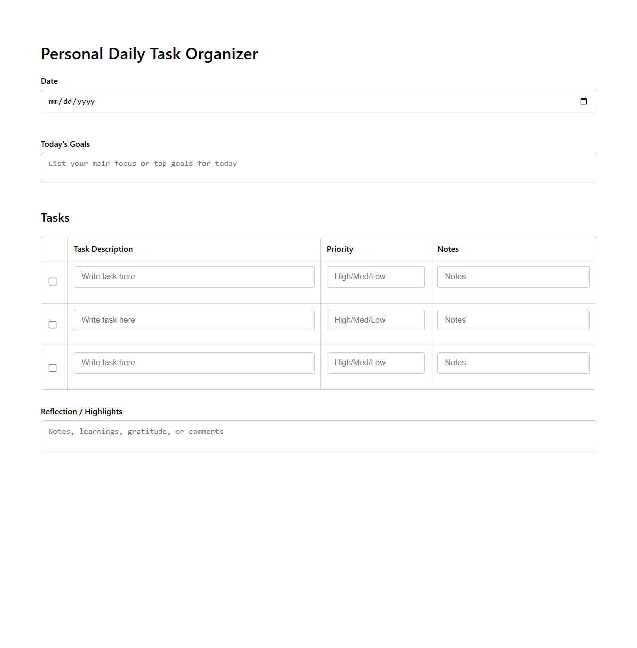 Structured Personal Daily Task Organizer