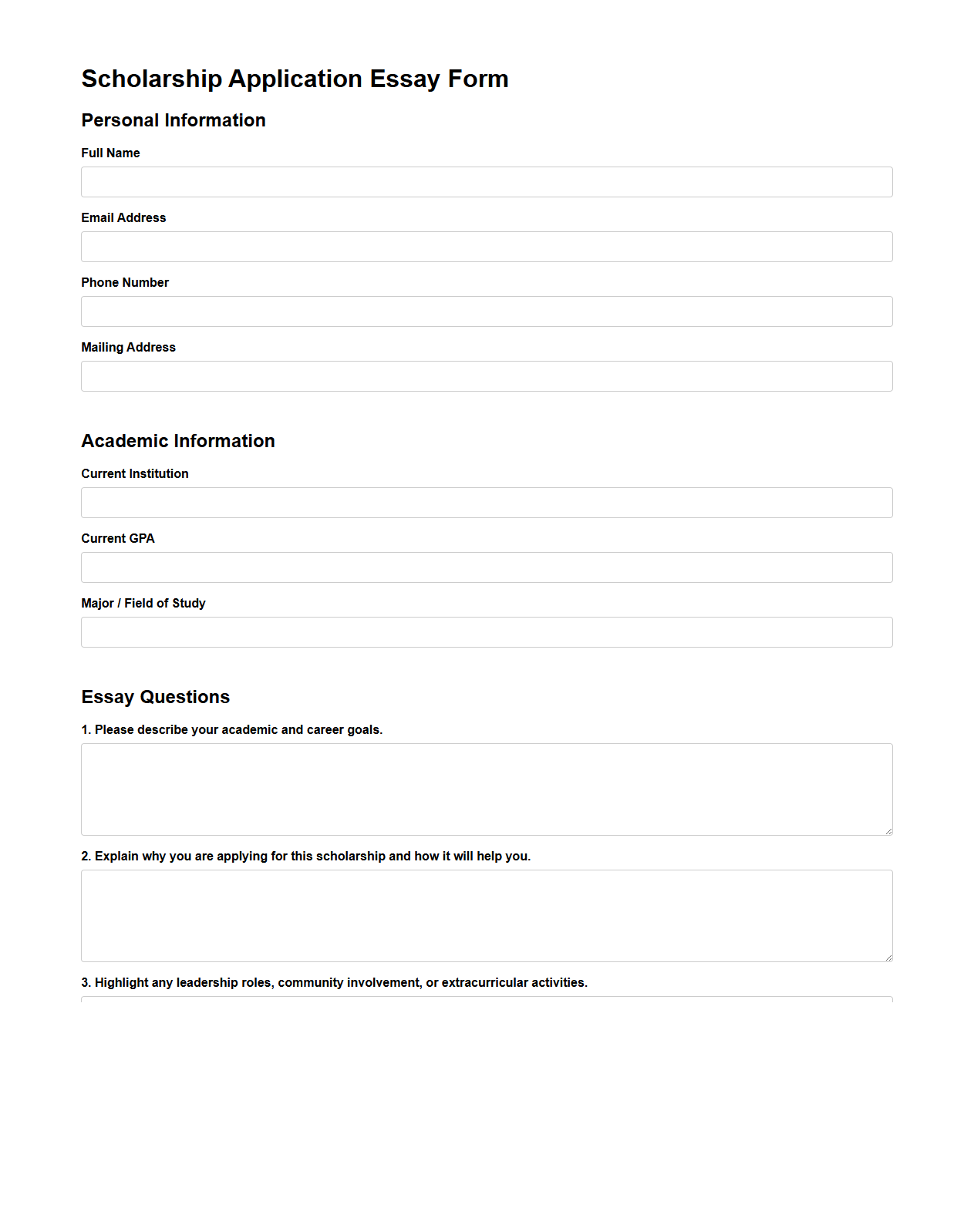 Structured Scholarship Application Essay Form