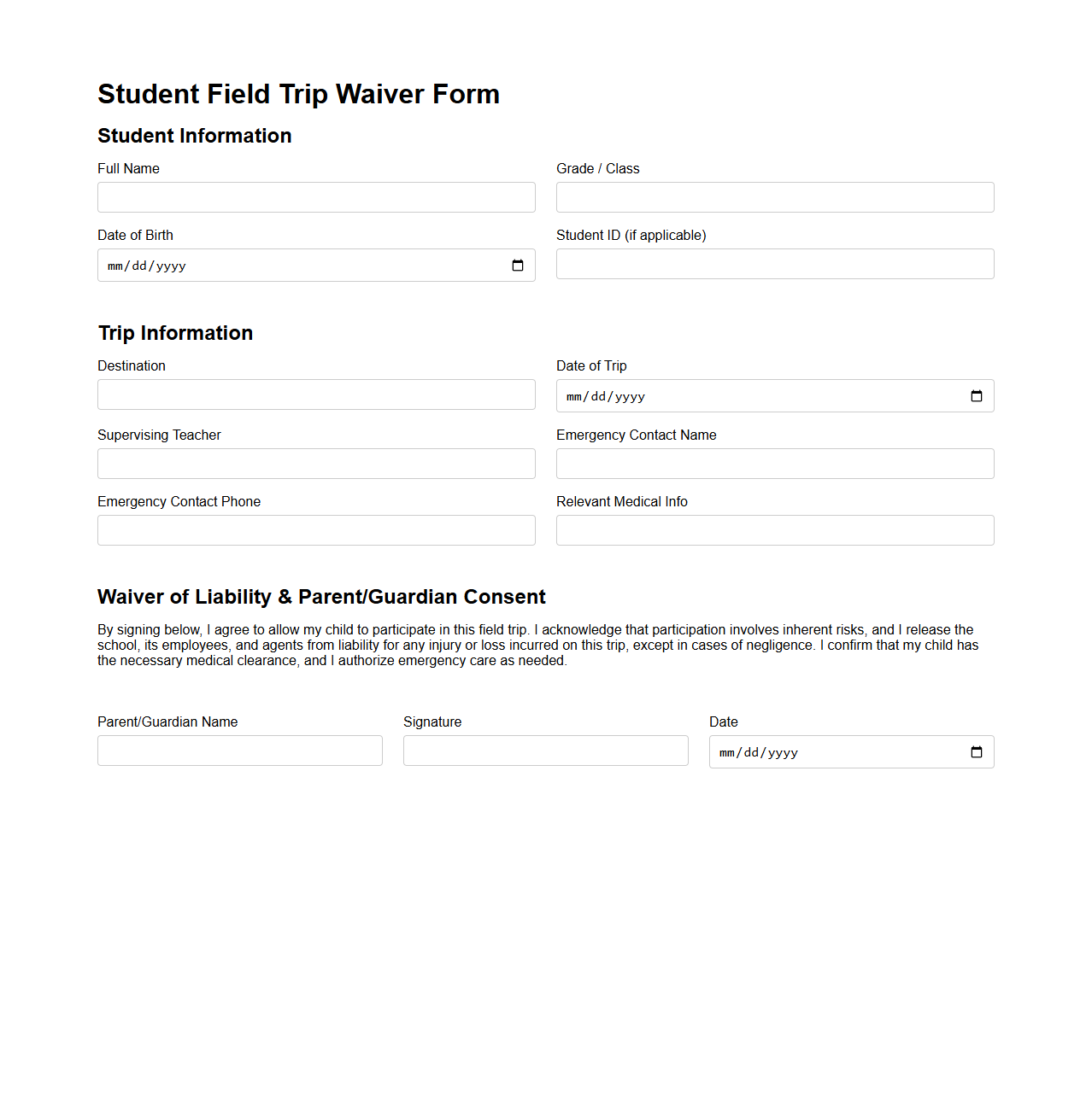 Student Field Trip Waiver Form Template