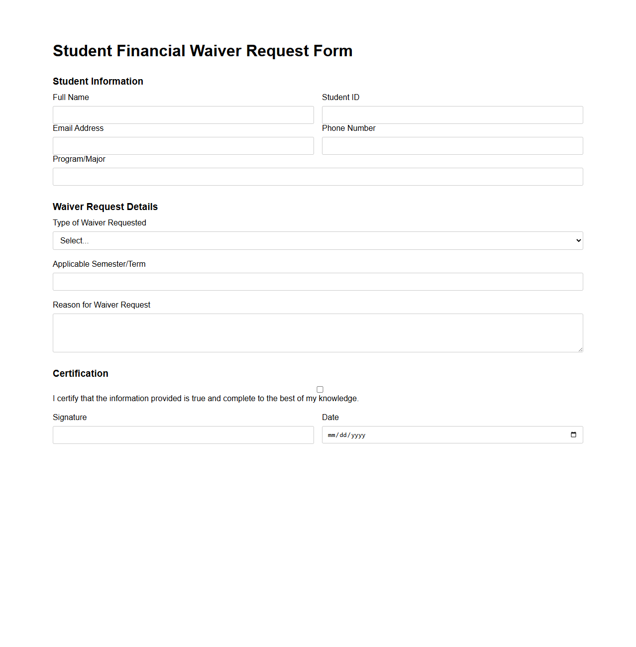 Student Financial Waiver Request Form