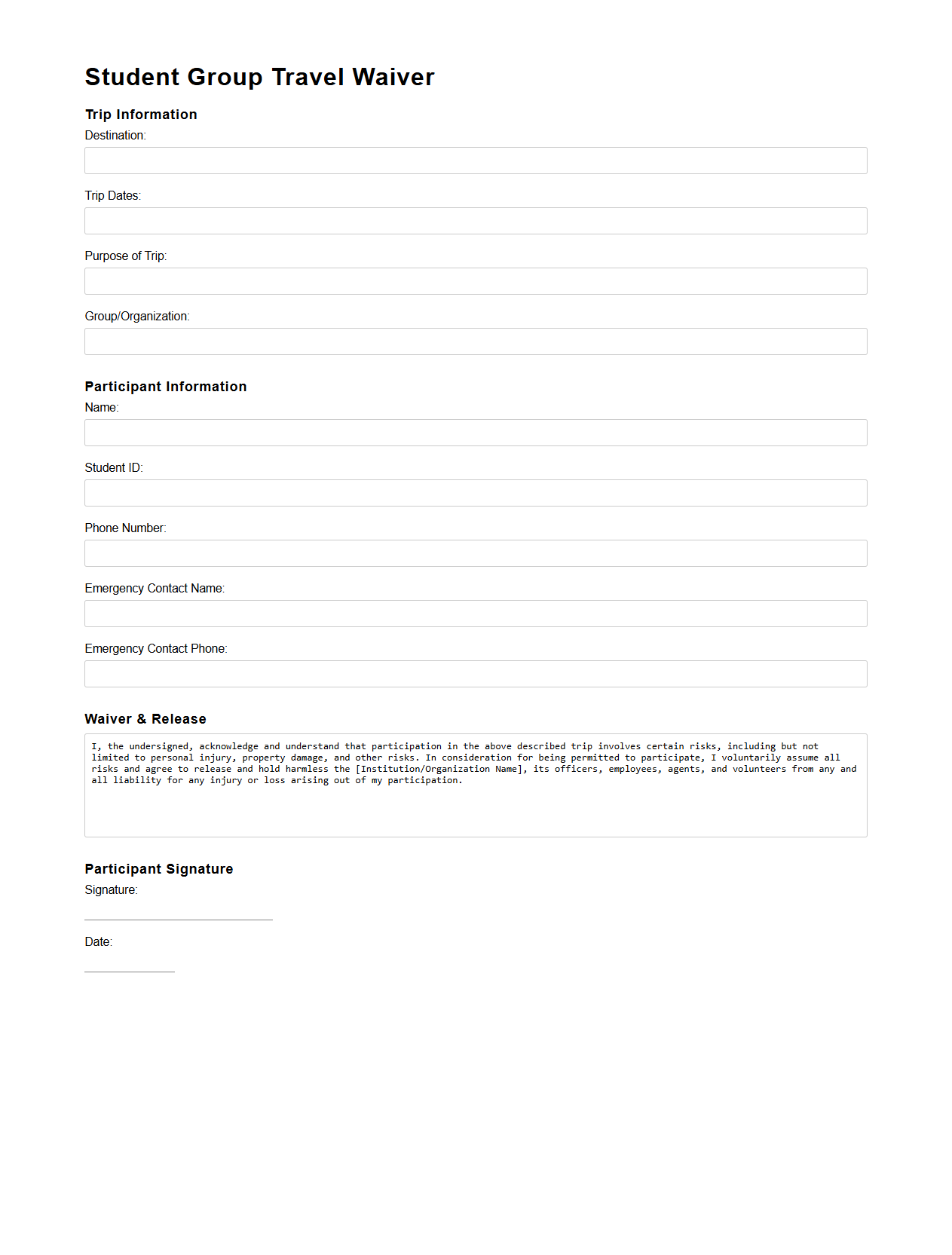 Student Group Travel Waiver Template