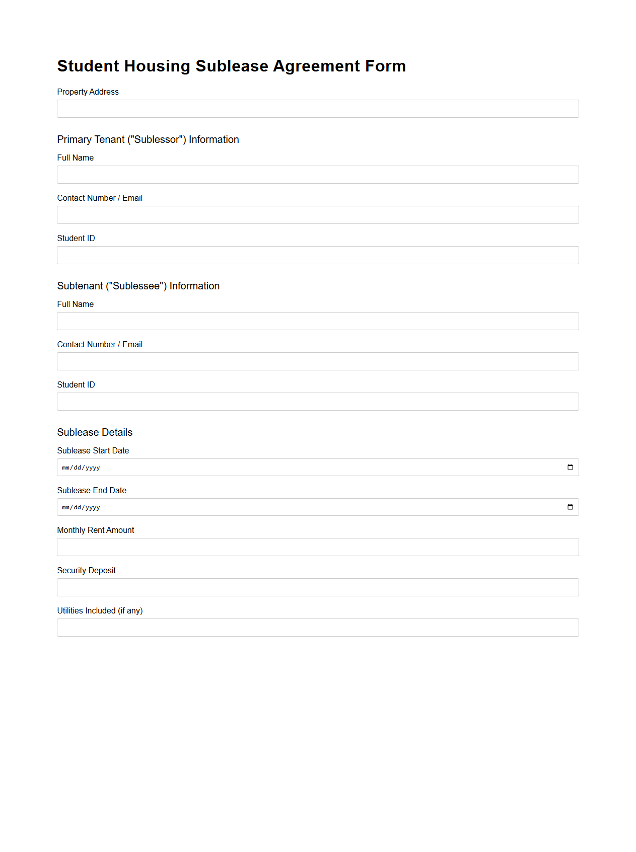 Student Housing Sublease Agreement Form