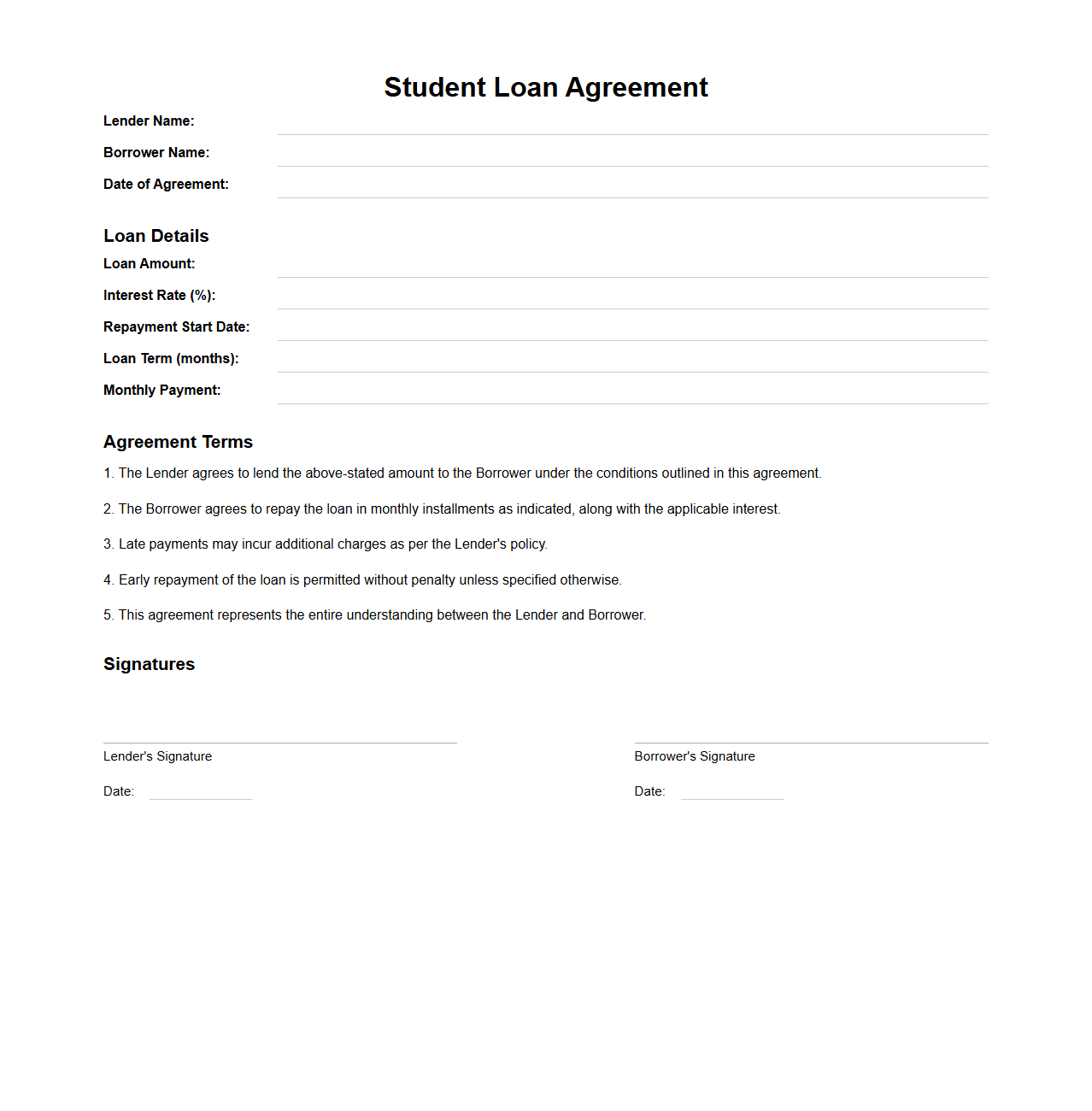Student Loan Agreement Layout for Private Lenders