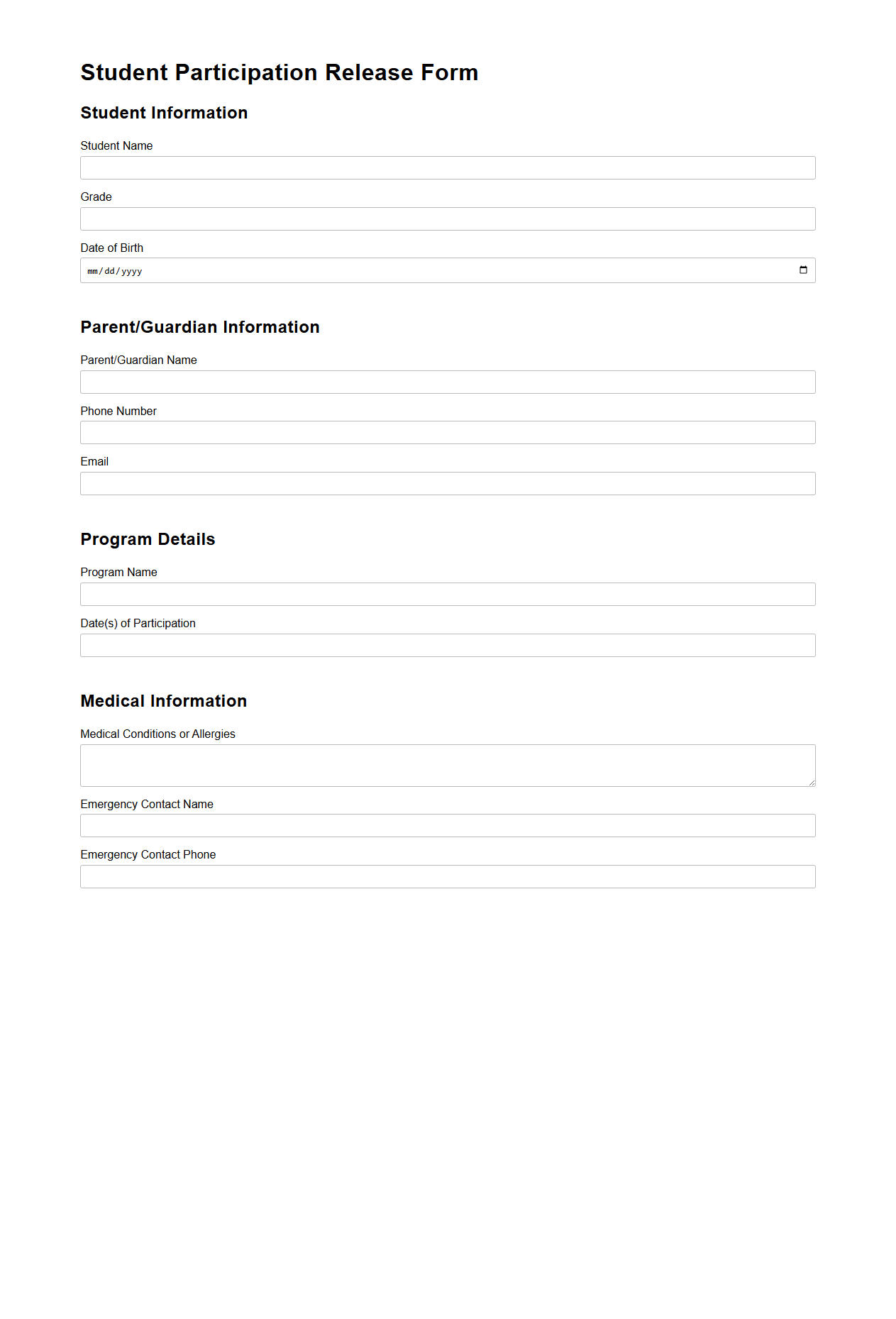 Student Participation Release Form for School Programs