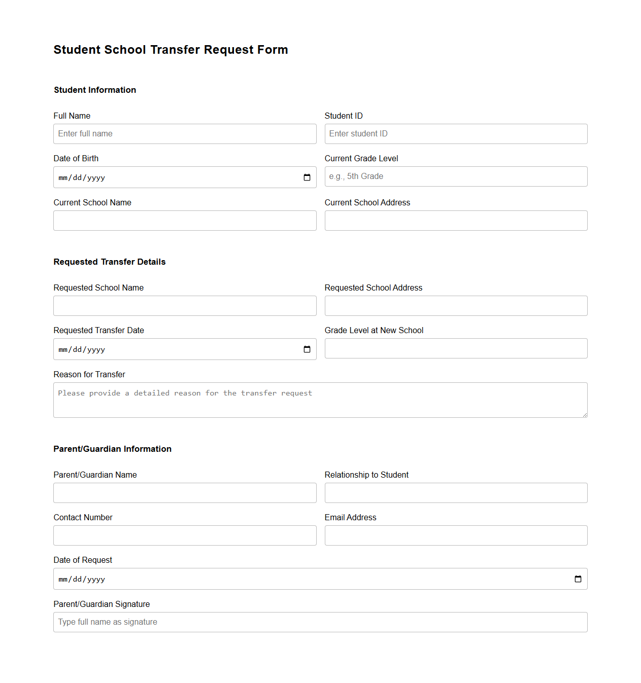 Student School Transfer Request Form Template
