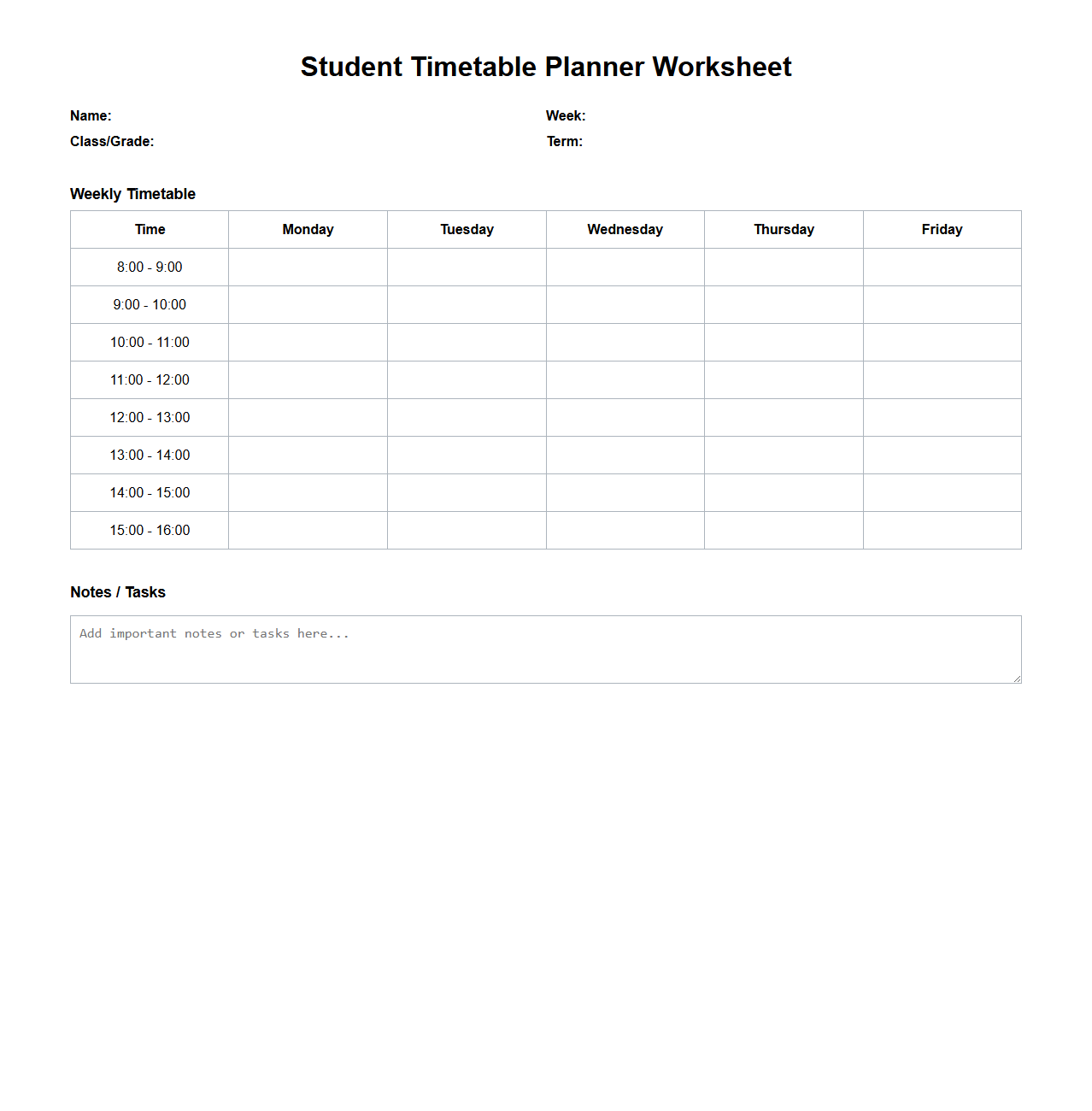 Student Timetable Planner Worksheet