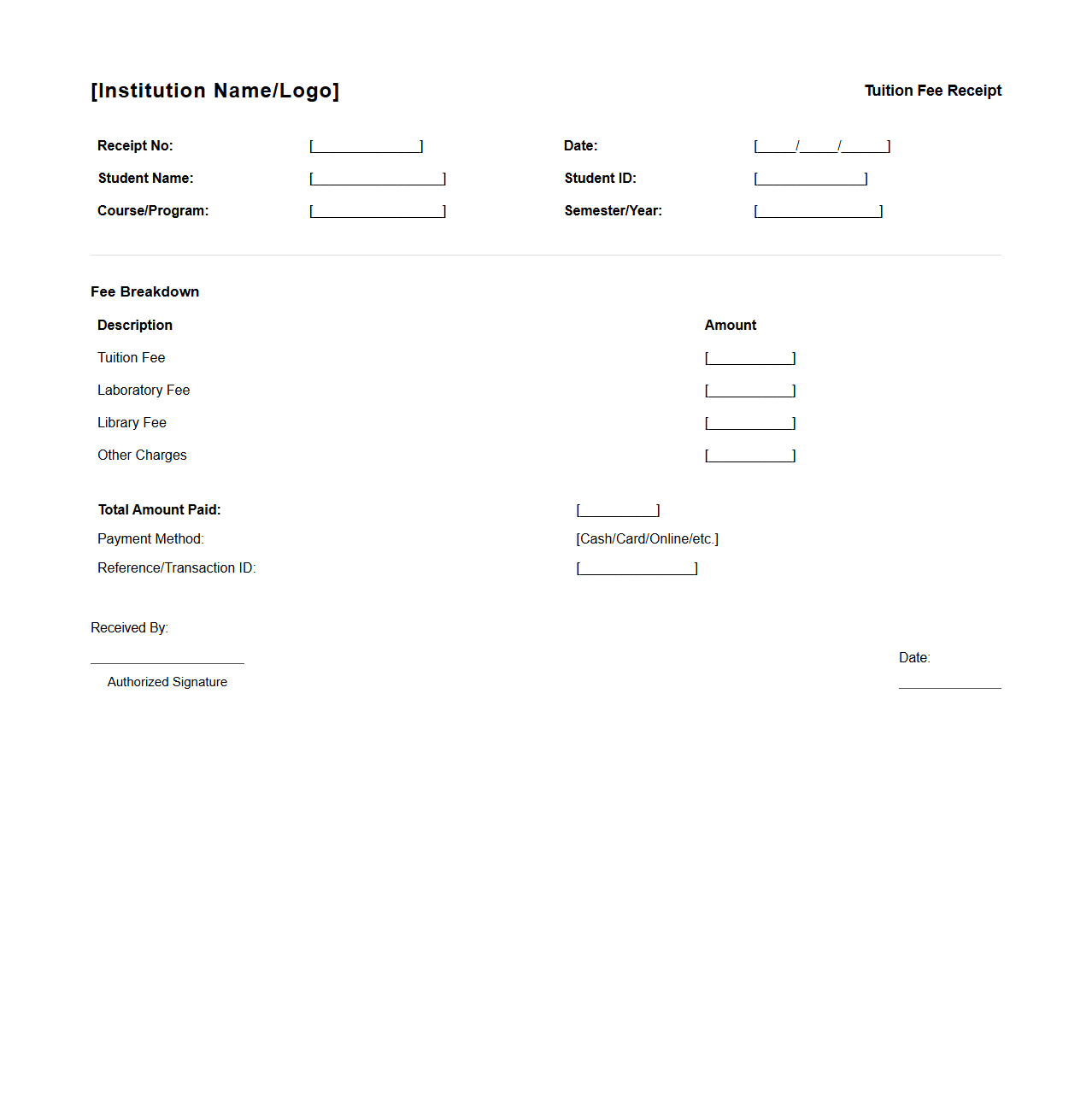 Student Tuition Fee Collection Receipt Layout