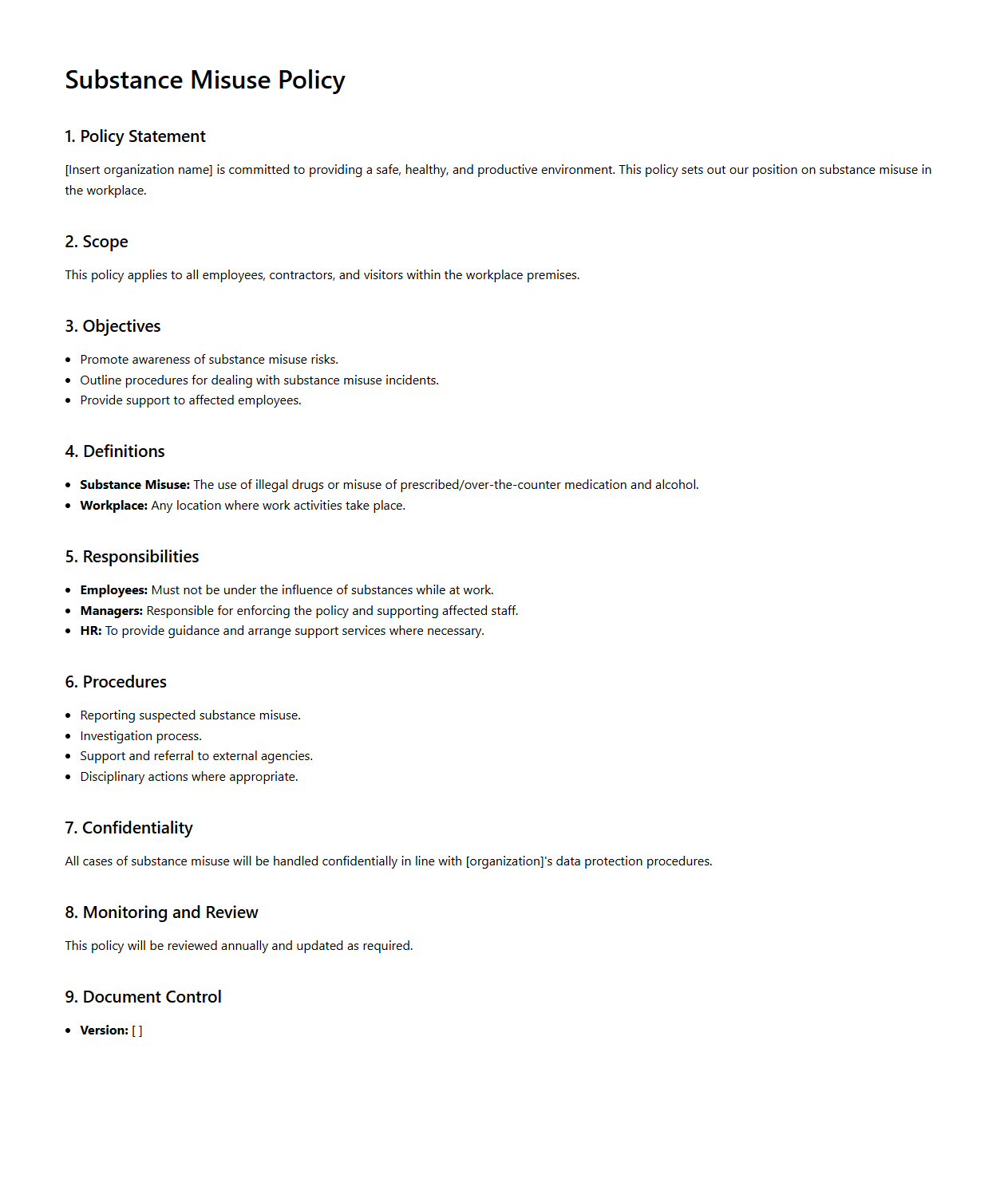 Substance Misuse Policy Document Format