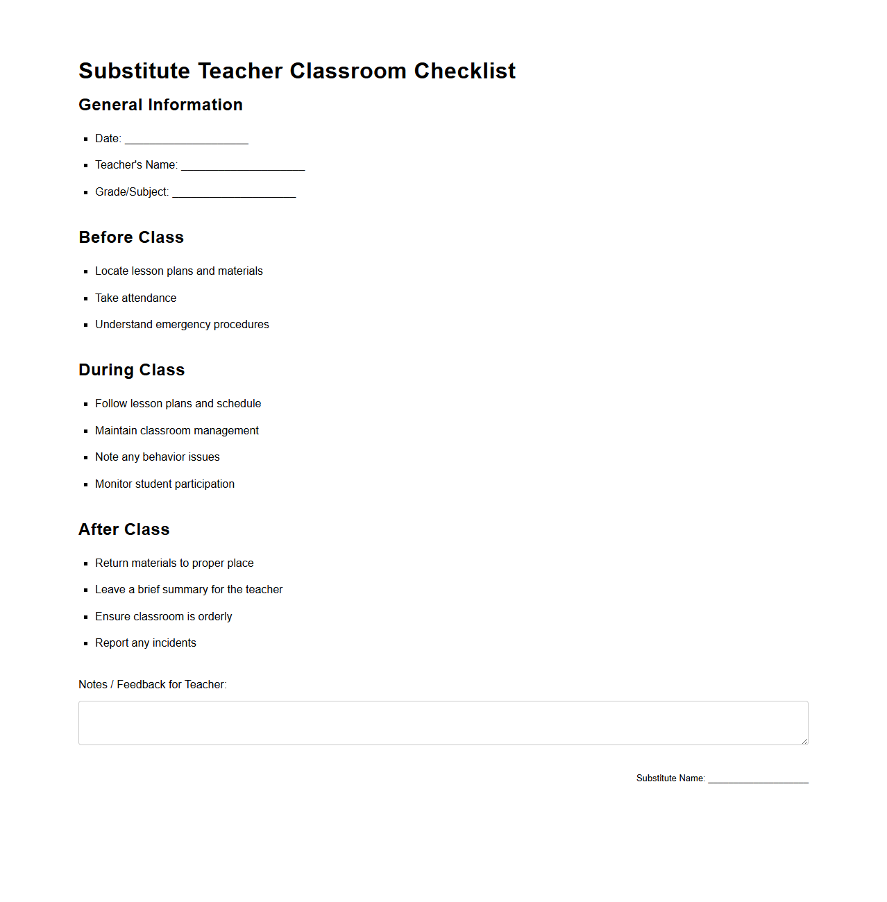 Substitute Teacher Classroom Checklist