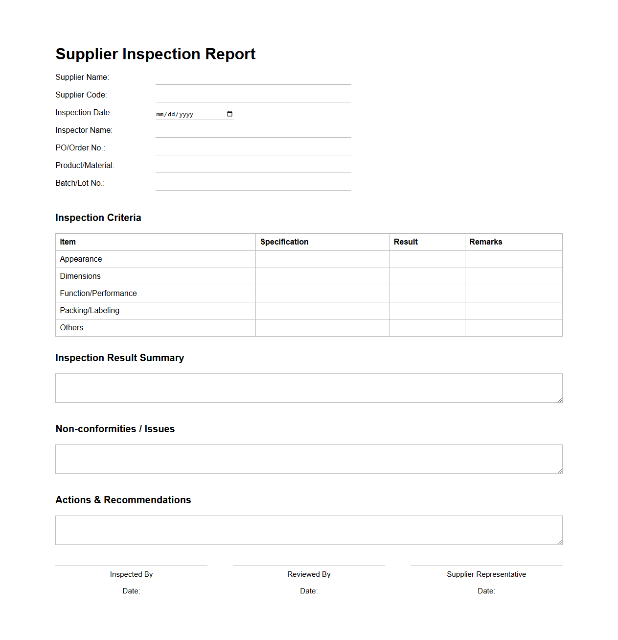 Supplier Inspection Report Template for Quality Teams