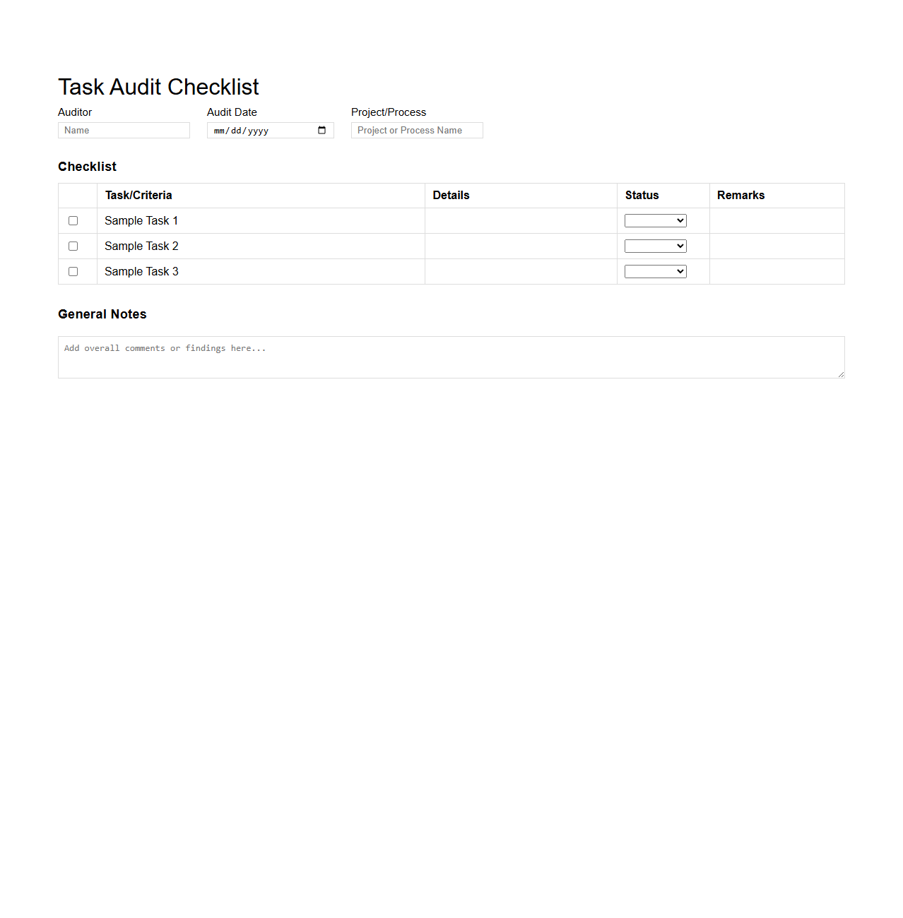 Task Audit Checklist Layout