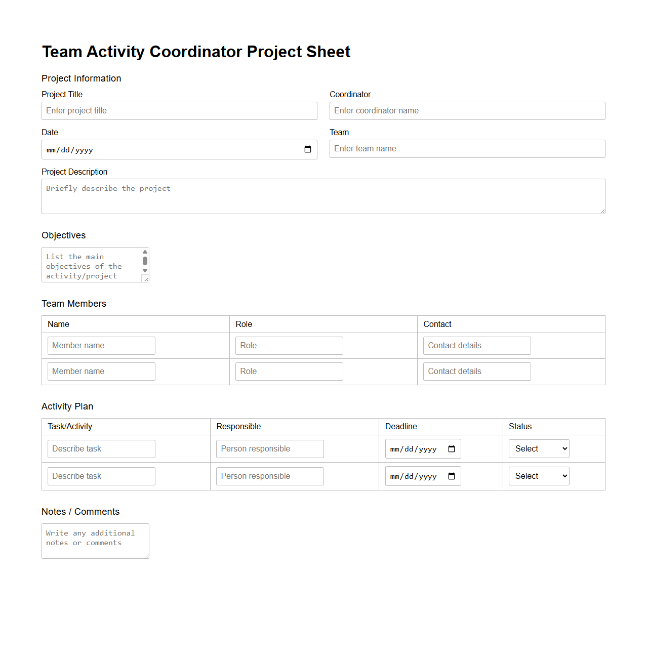 Team Activity Coordinator Project Sheet