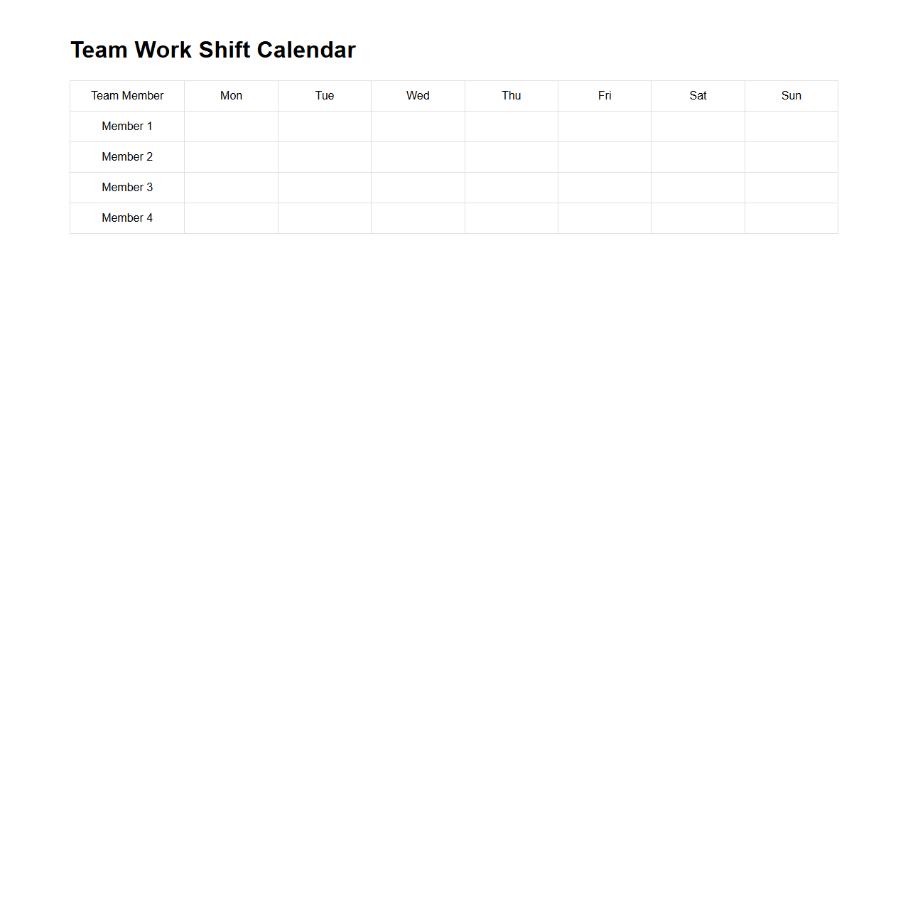 Team Work Shift Calendar Template