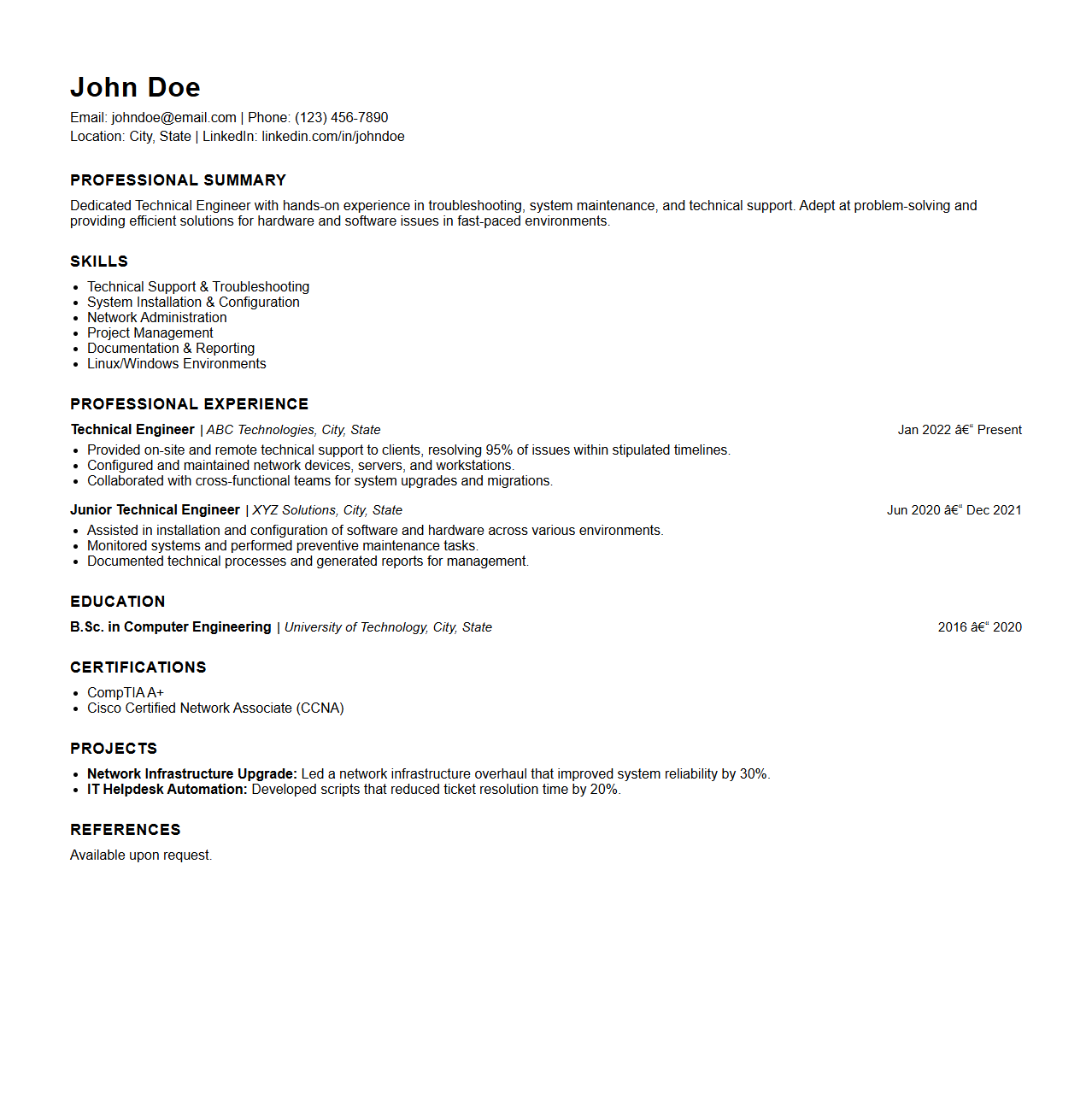 Technical Engineer Resume Format
