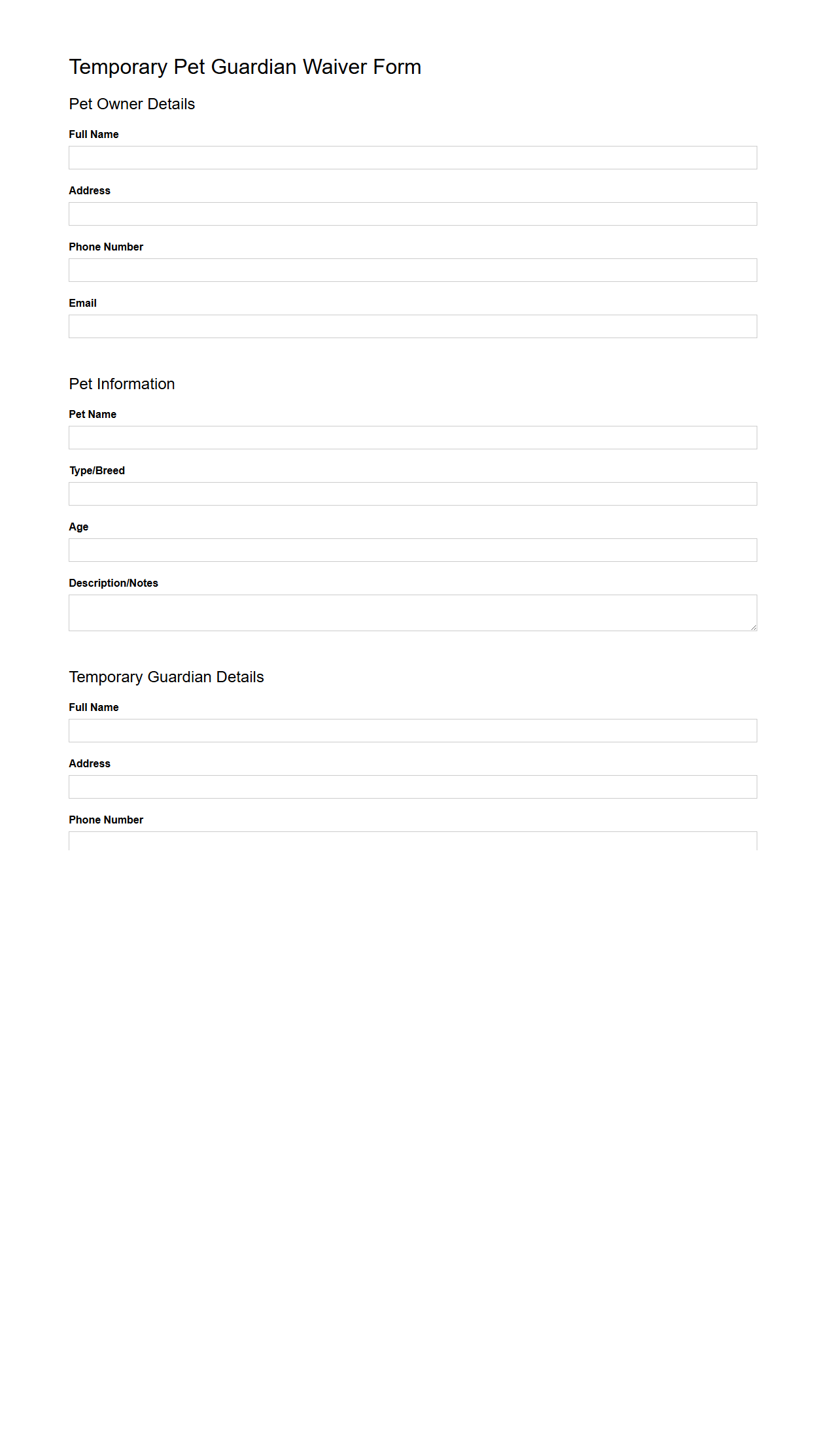 Temporary Pet Guardian Waiver Form