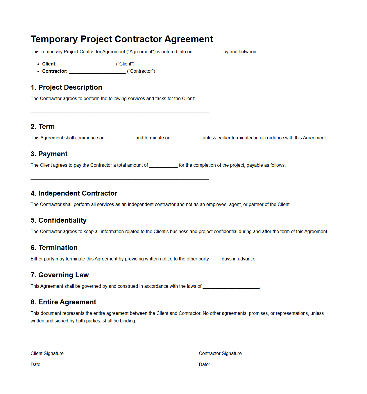 Temporary Project Contractor Agreement Format