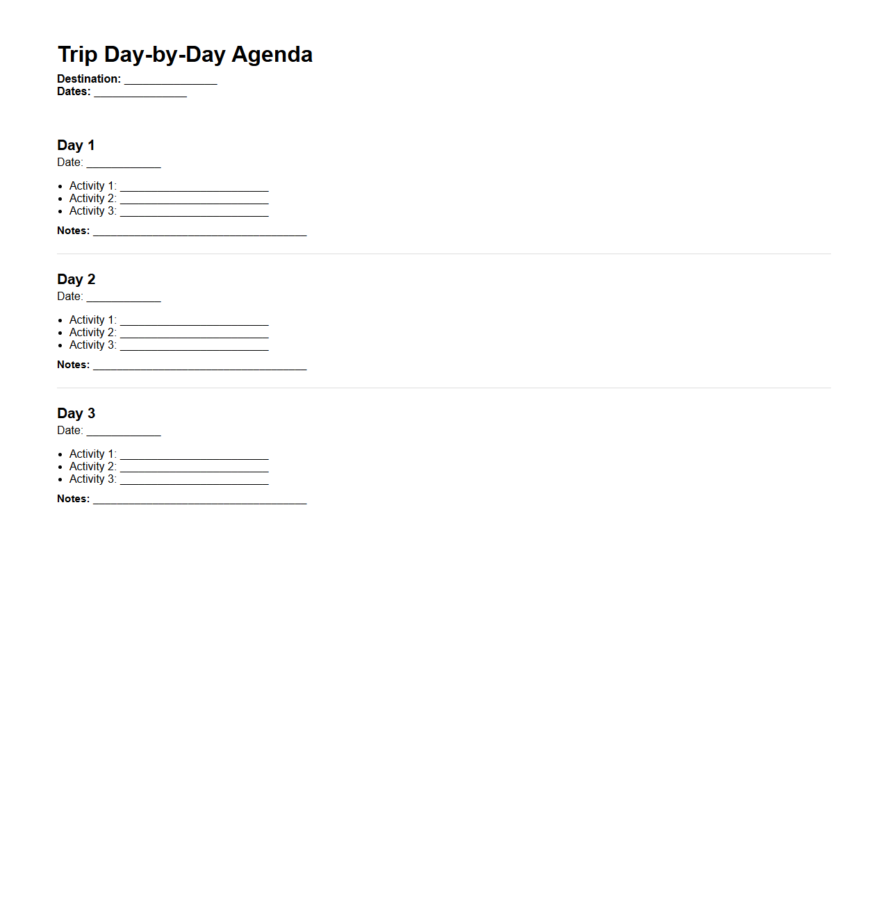 Trip Day-by-Day Agenda Template