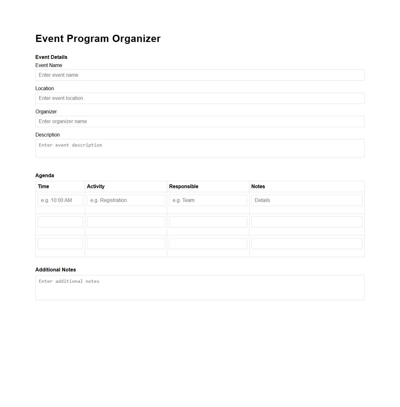 Undated Event Program Organizer Page
