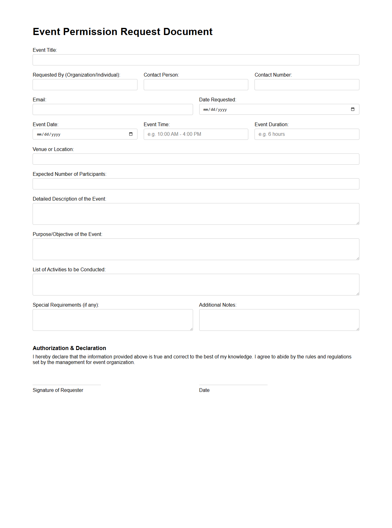 Unfilled Event Permission Request Document