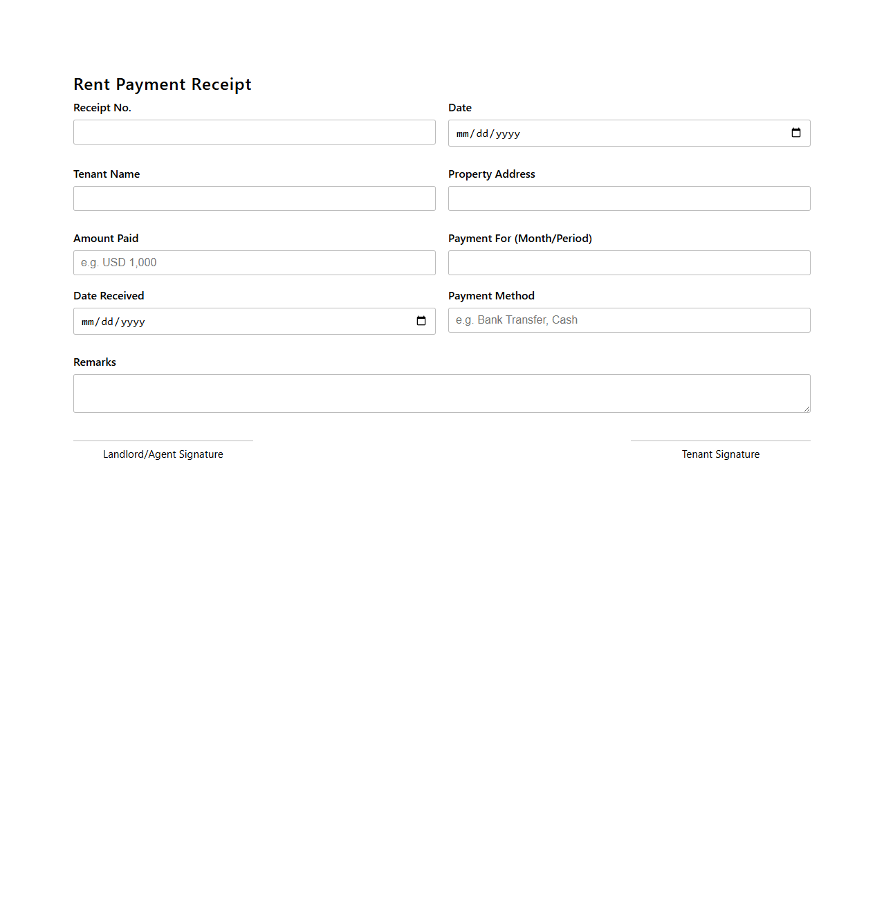 Unfilled Rent Payment Receipt Form for Tenancy