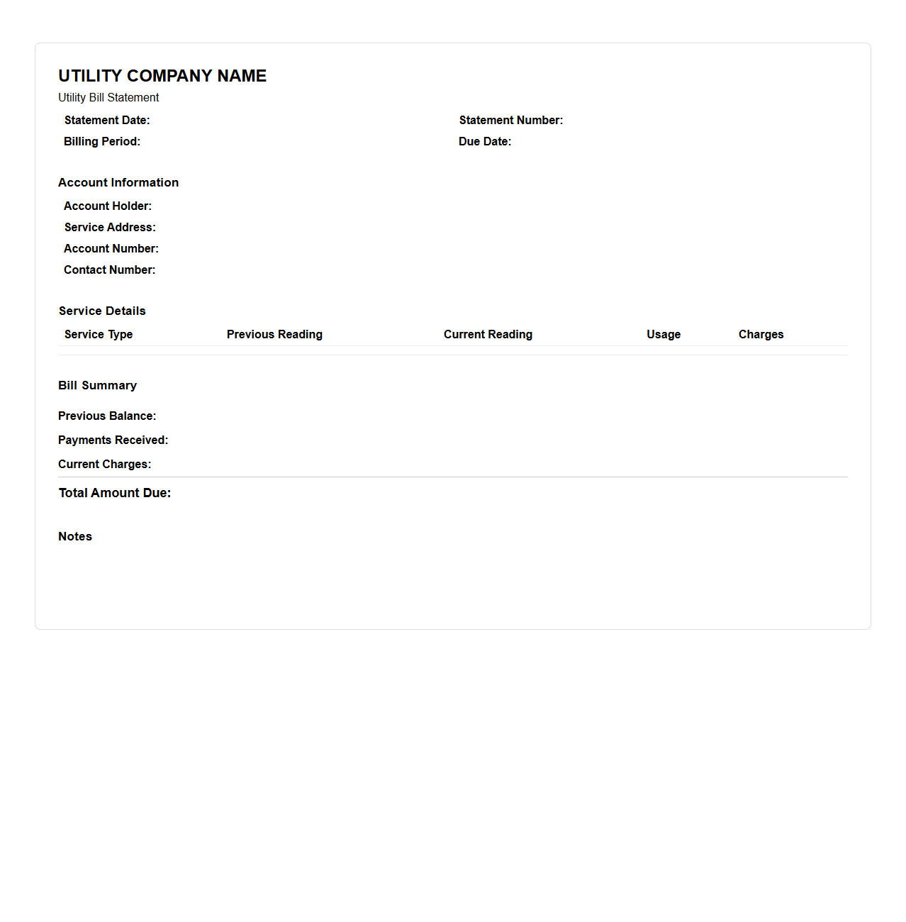 Unfilled Utility Bill Statement Sample
