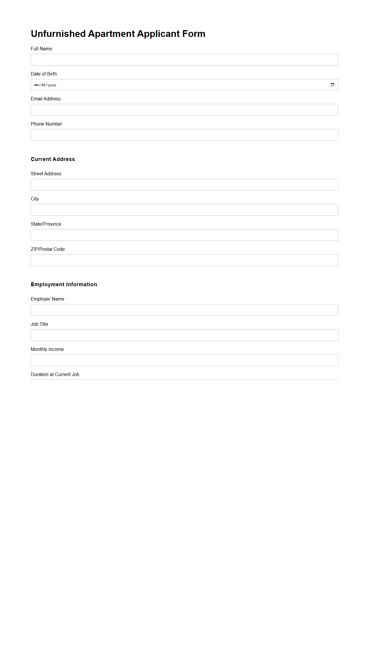 Unfurnished Apartment Applicant Form