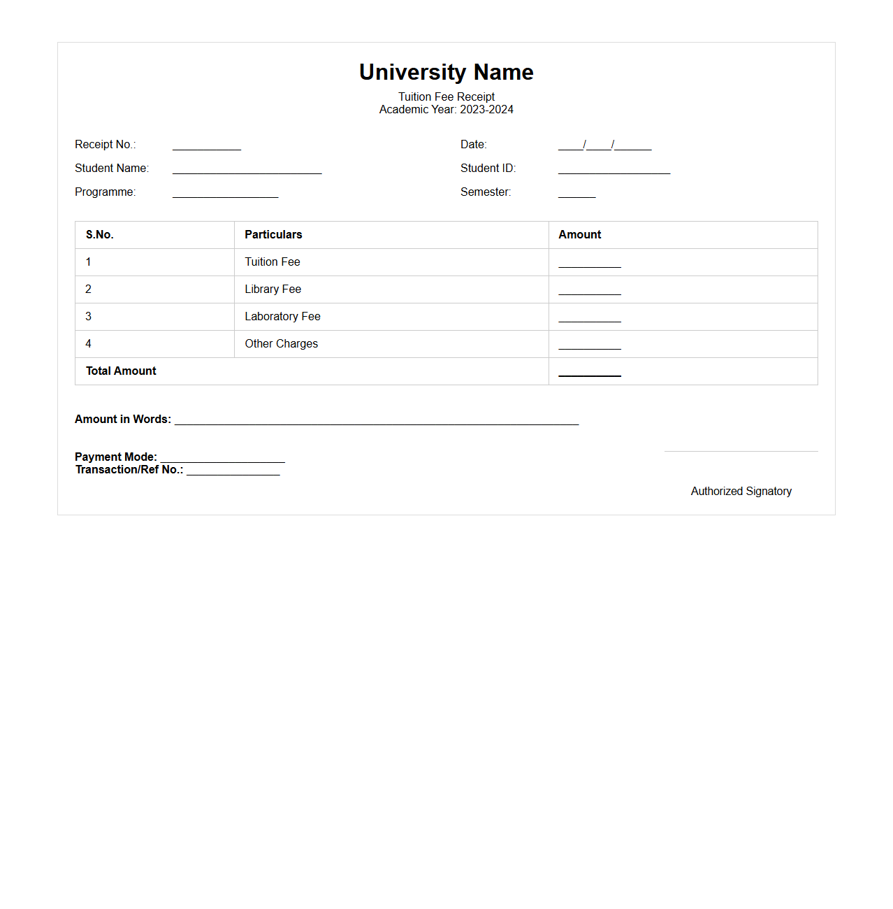 University Tuition Fee Receipt Format