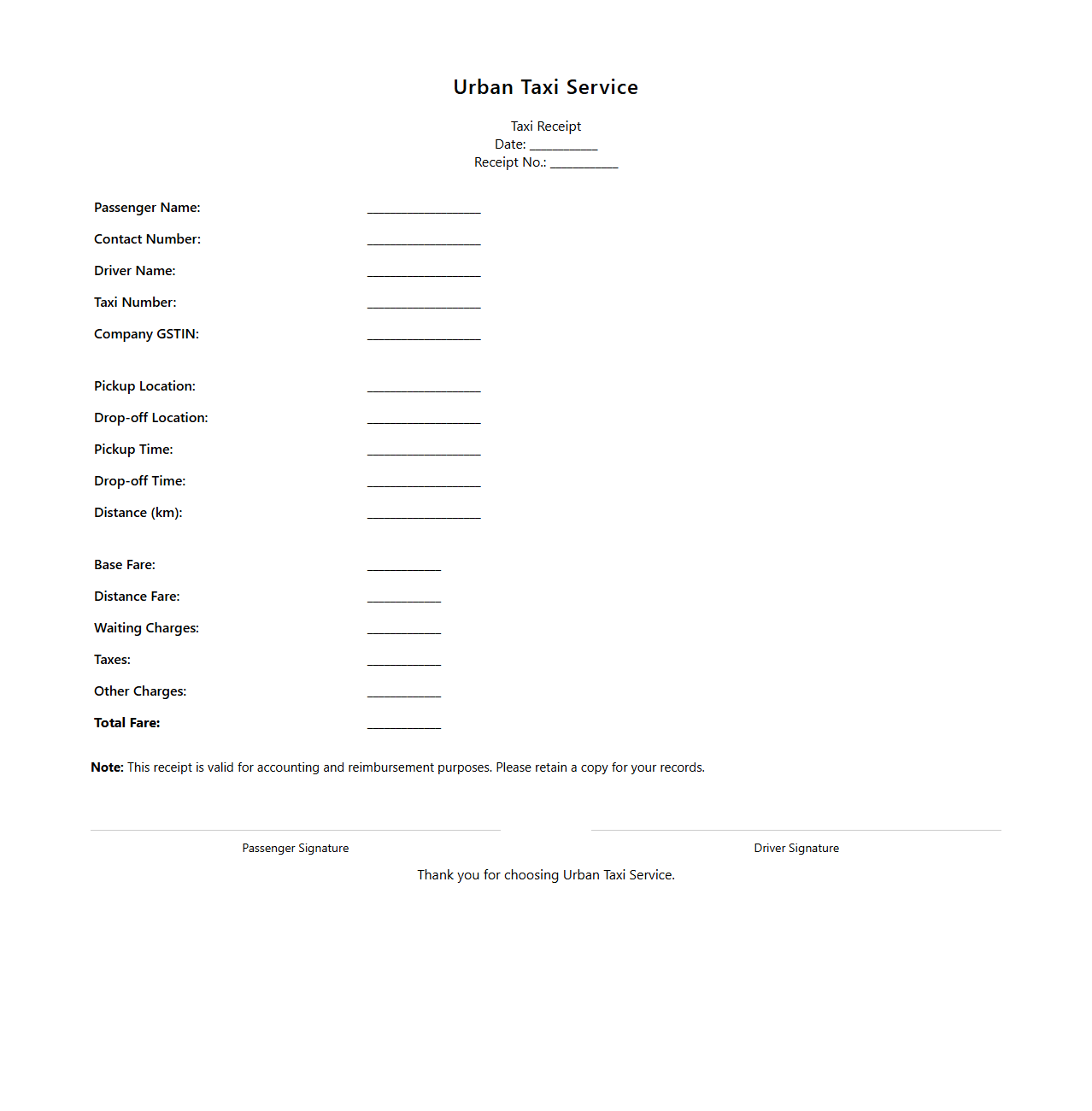 Urban Taxi Service Receipt Template for Accounting