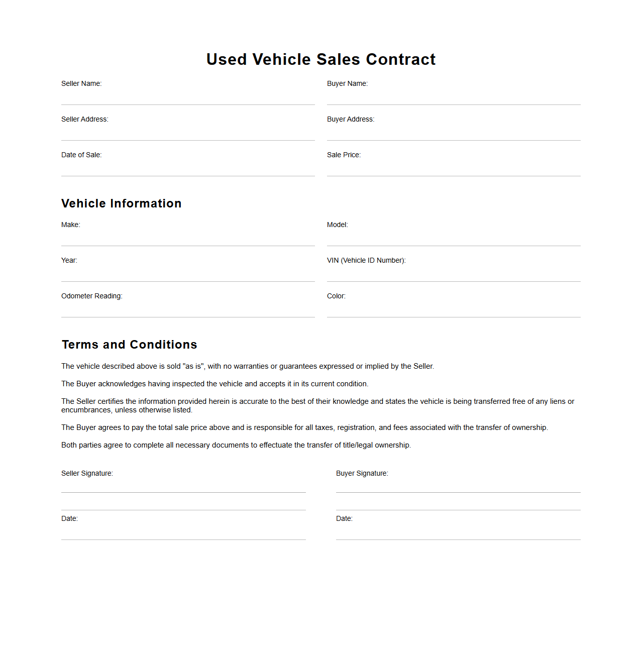 Used Vehicle Sales Contract