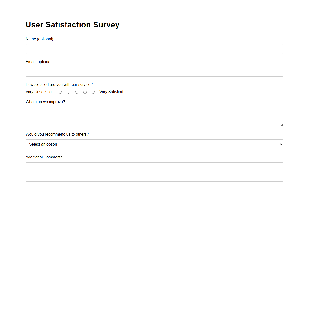 User Satisfaction Survey Form Layout