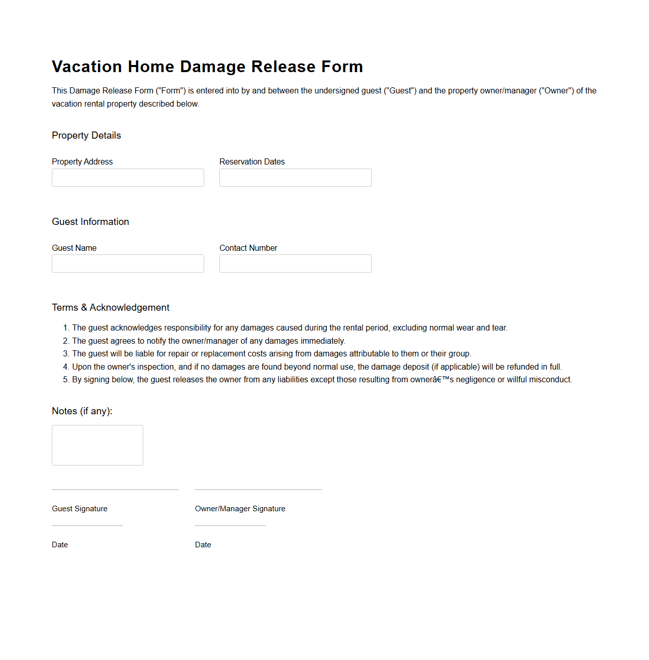 Vacation Home Damage Release Form Sample