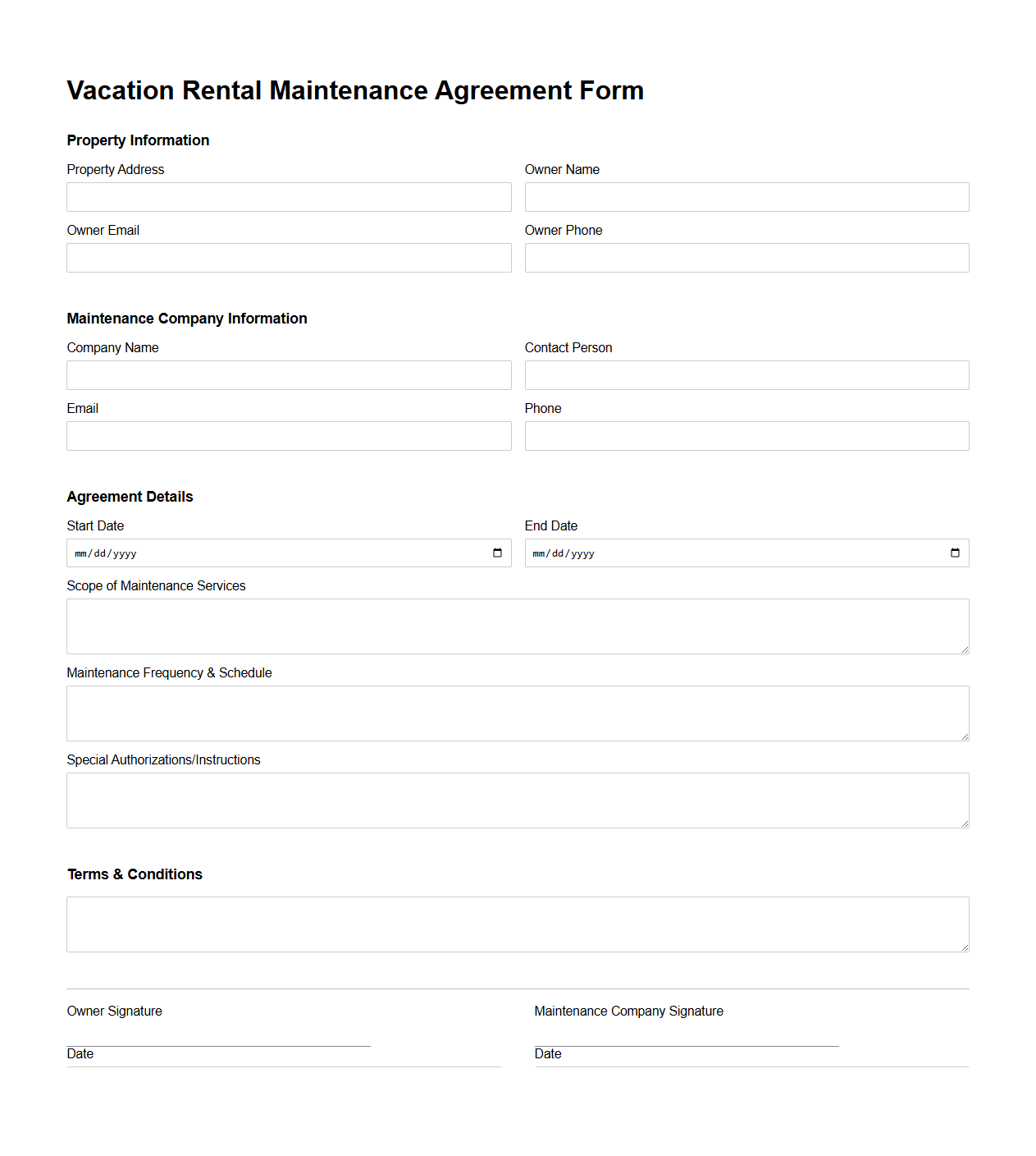 Vacation Rental Maintenance Agreement Form
